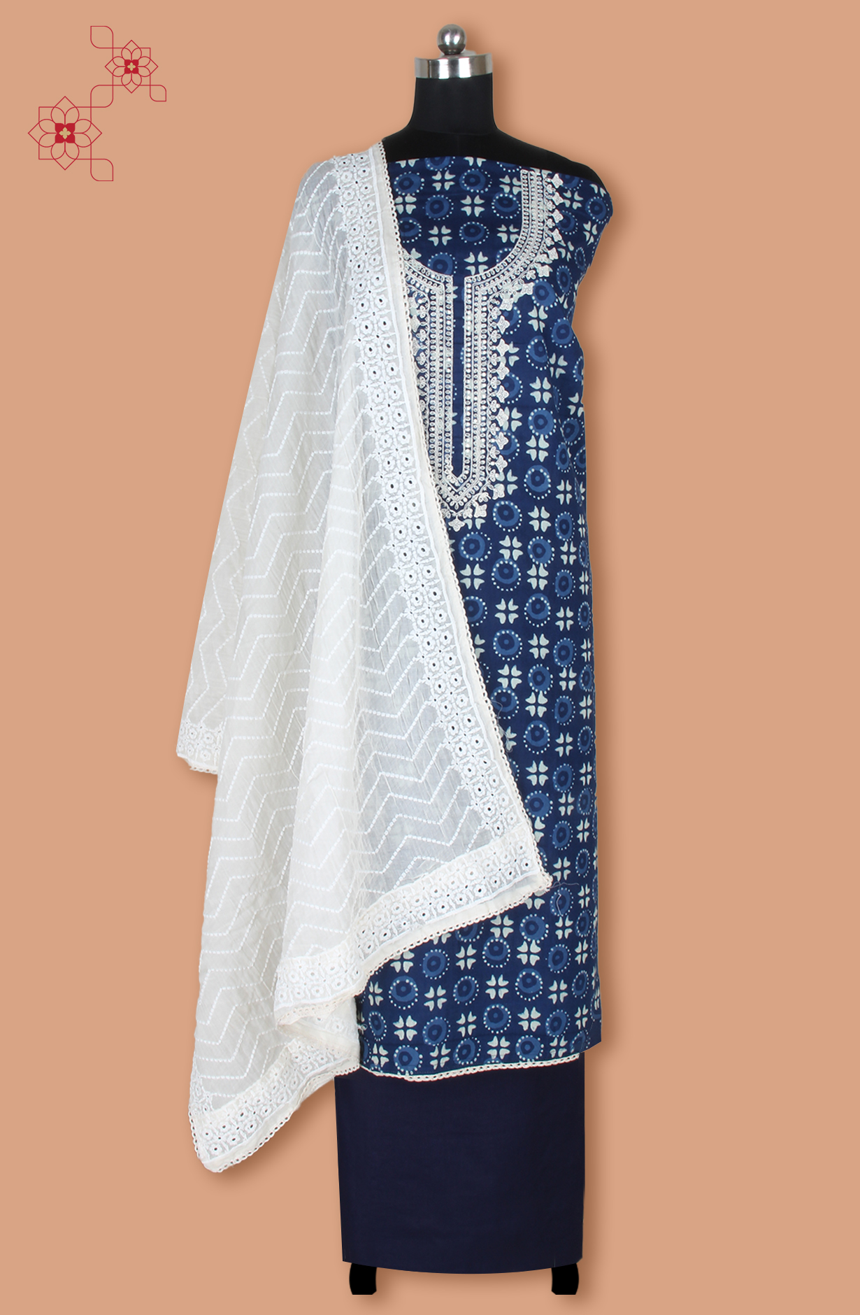 Indigo Blue Cotton Unstitched  Printed Salwar Kameez Dupatta - 983-5236-4A