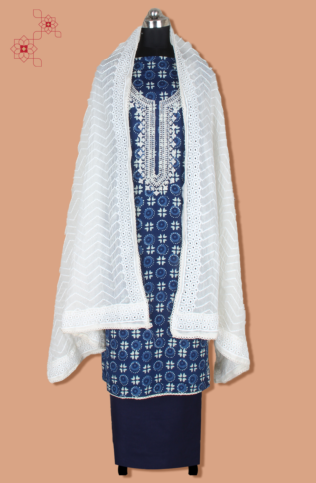 Indigo Blue Cotton Unstitched Printed Salwar Kameez Dupatta - 983-5236-4A