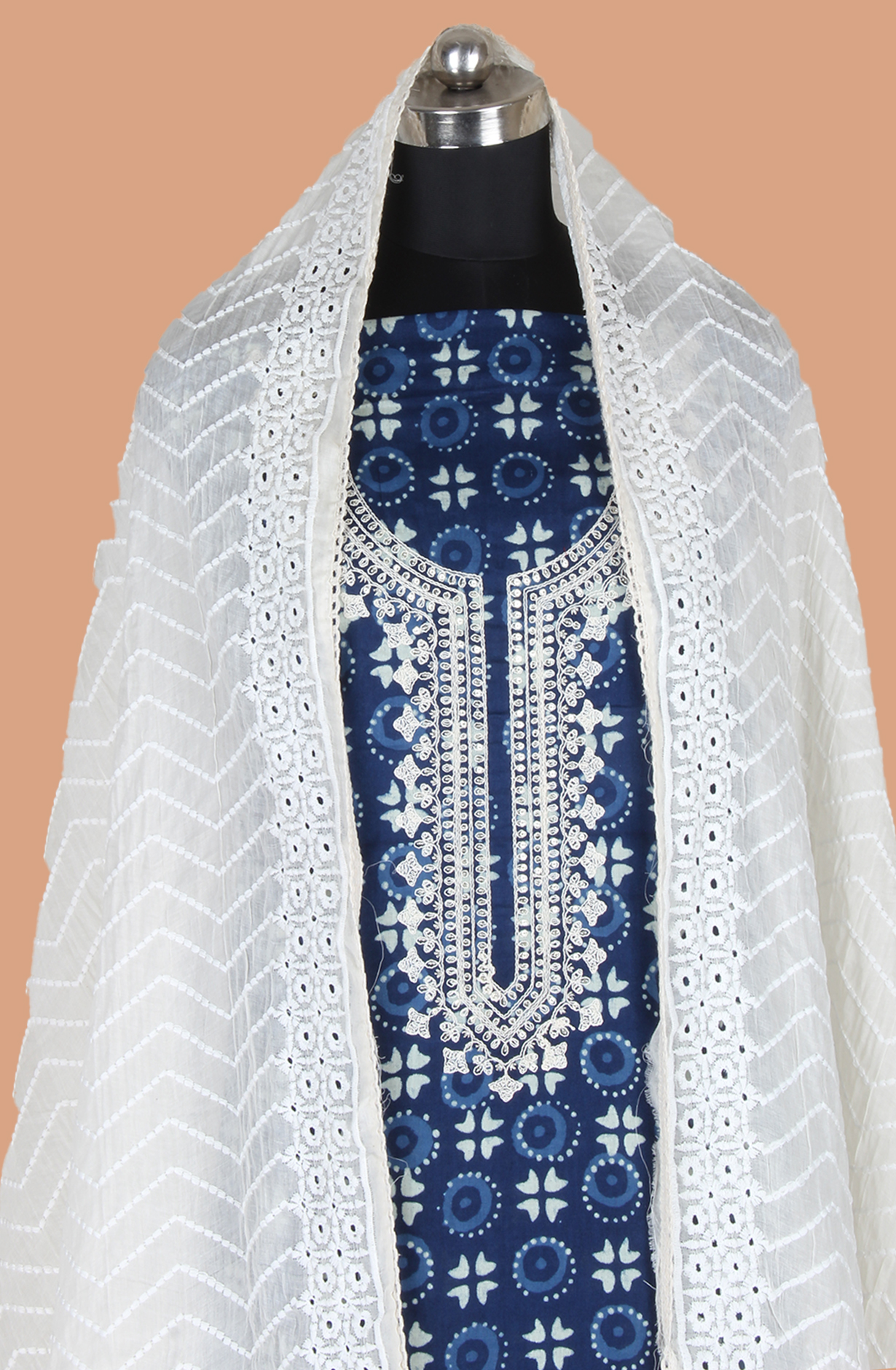 Indigo Blue Cotton Unstitched  Printed Salwar Kameez Dupatta - 983-5236-4A