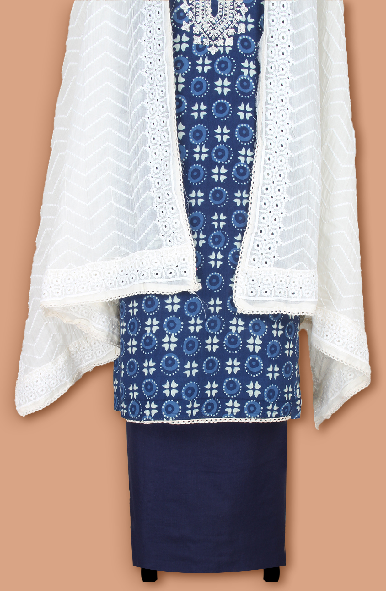 Indigo Blue Cotton Unstitched  Printed Salwar Kameez Dupatta - 983-5236-4A