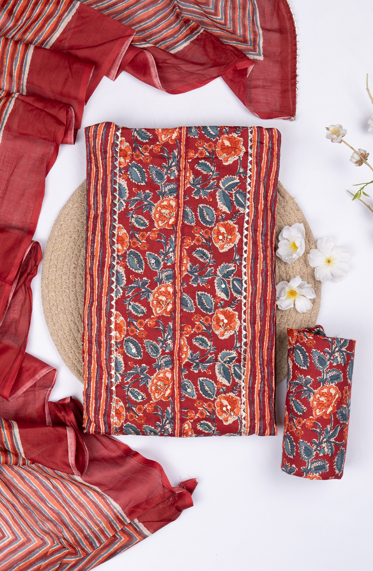 Red Cotton Printed Suit- Set with Cotton Dupatta - 983-5466-5A