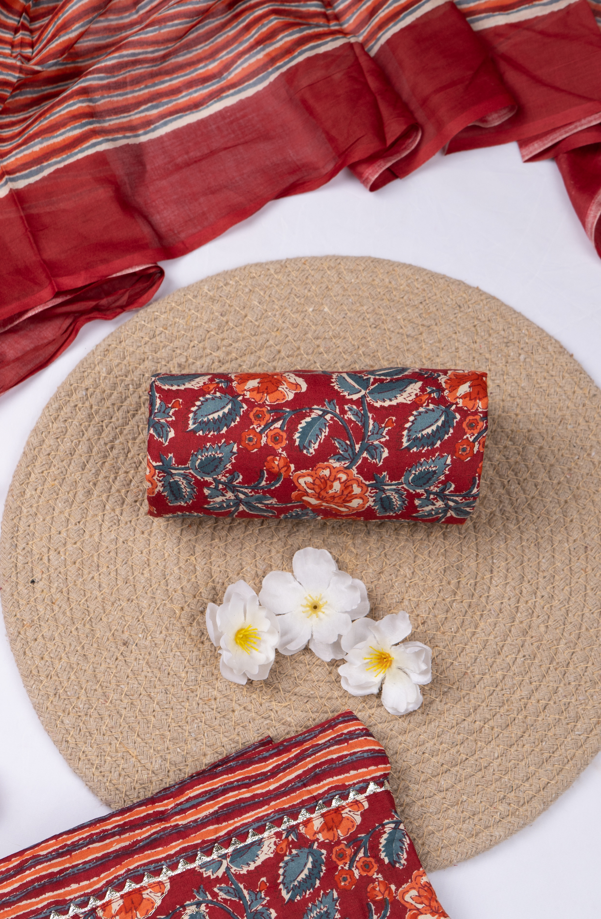 Red Cotton Printed Suit- Set with Cotton Dupatta - 983-5466-5A