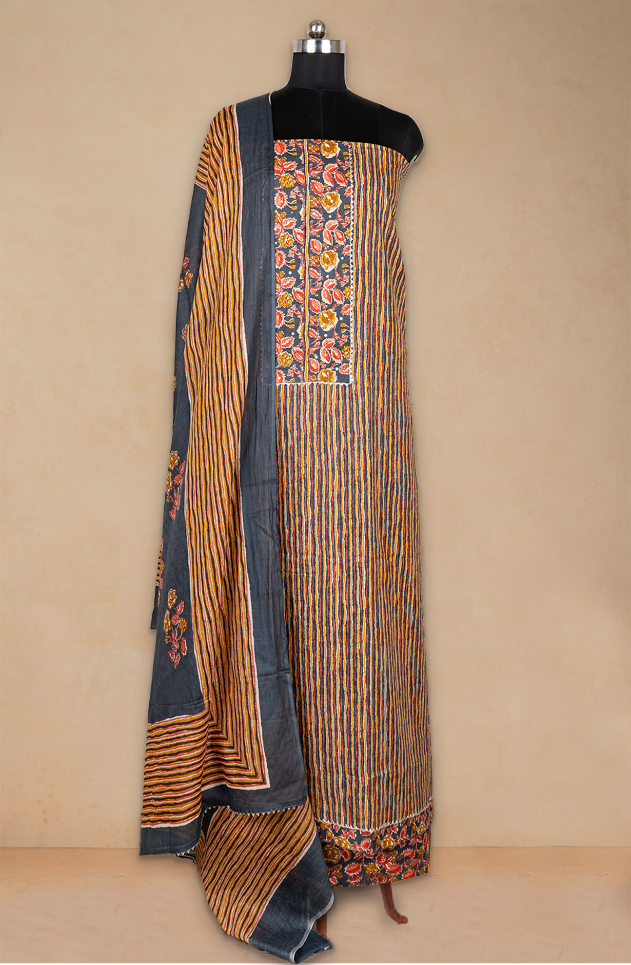 Grey Cotton Printed Suit- Set with Cotton Dupatta - 983-5466-5B