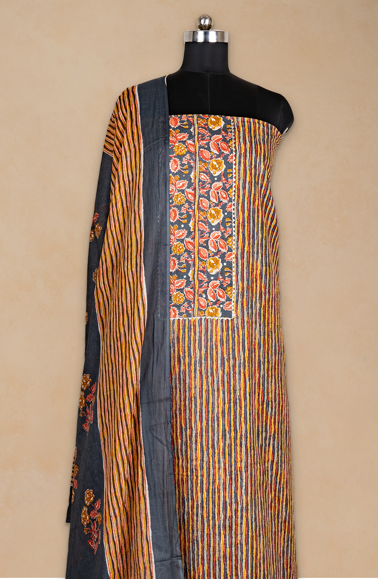 Grey Cotton Printed Suit- Set with Cotton Dupatta - 983-5466-5B