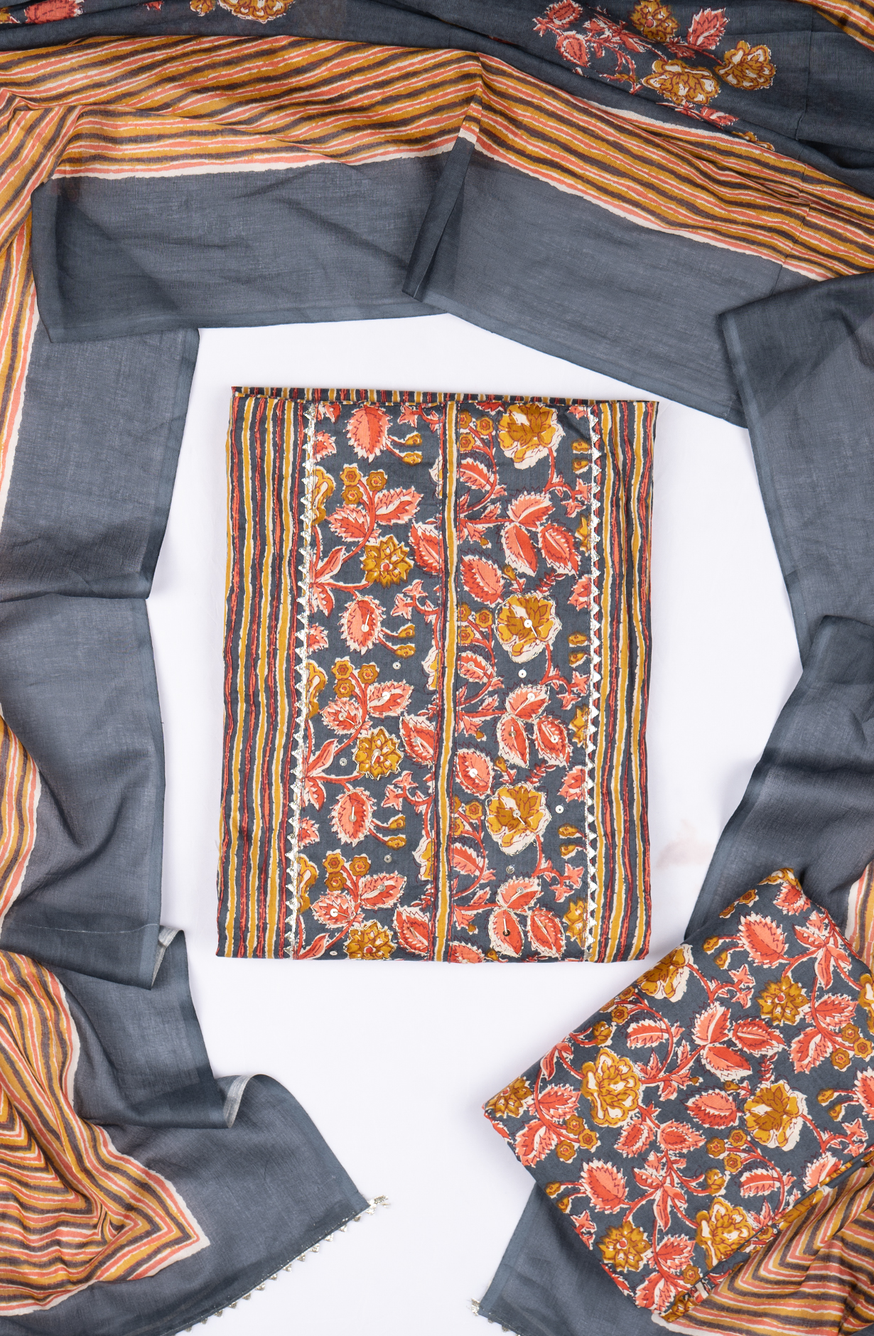 Grey Cotton Printed Suit- Set with Cotton Dupatta - 983-5466-5B