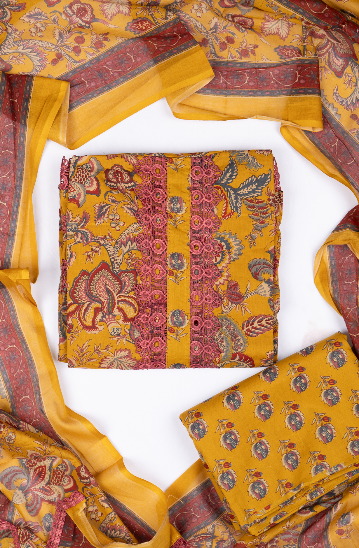 Mustard Cotton Printed Suit- Set with Cotton Dupatta - 983-5861-1D