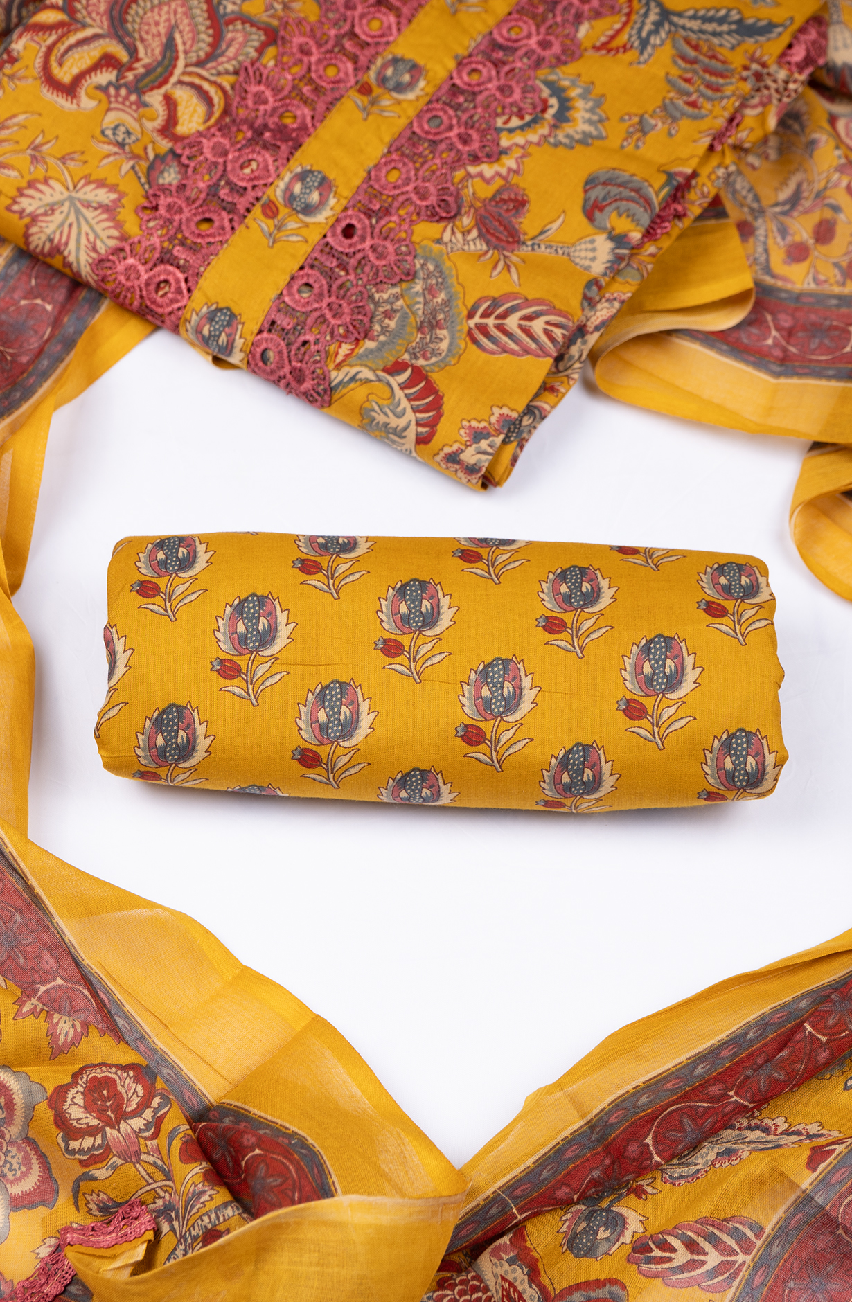 Mustard Cotton Printed Suit- Set with Cotton Dupatta - 983-5861-1D