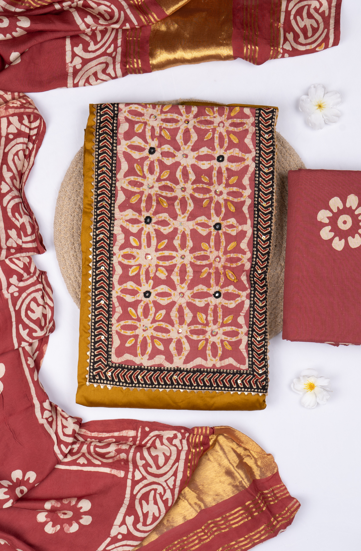 Mustard Cotton Printed Suit- Set with Cotton Dupatta -983-5762-2B