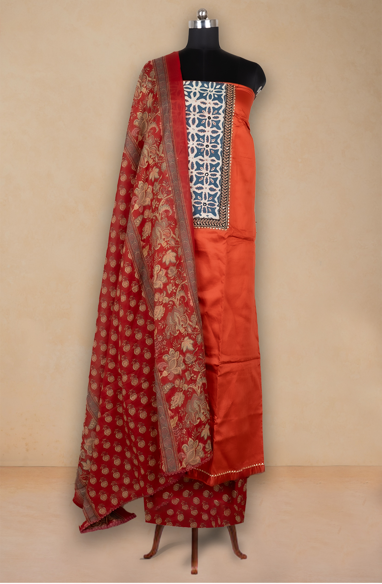 Rust Cotton Printed Suit- Set with Cotton Dupatta - 983-5762-2C