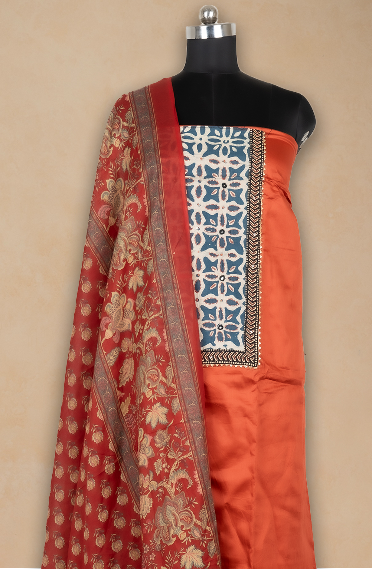 Rust Cotton Printed Suit- Set with Cotton Dupatta - 983-5762-2C