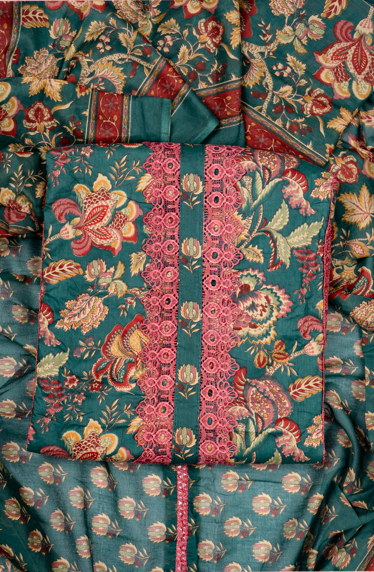 Green Cotton Printed Suit Set with Dupatta - 983-5861-1B