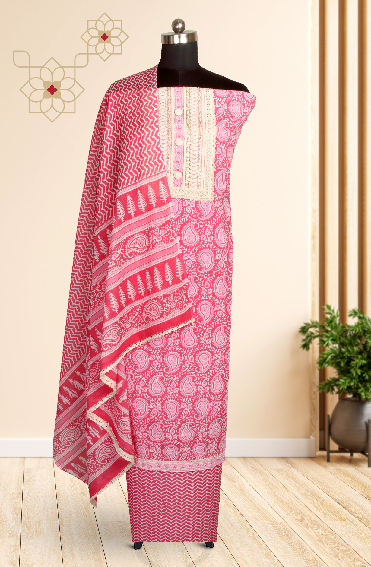 Pink Cotton Printed Salwar Suit with Dupatta - 983-FS0066