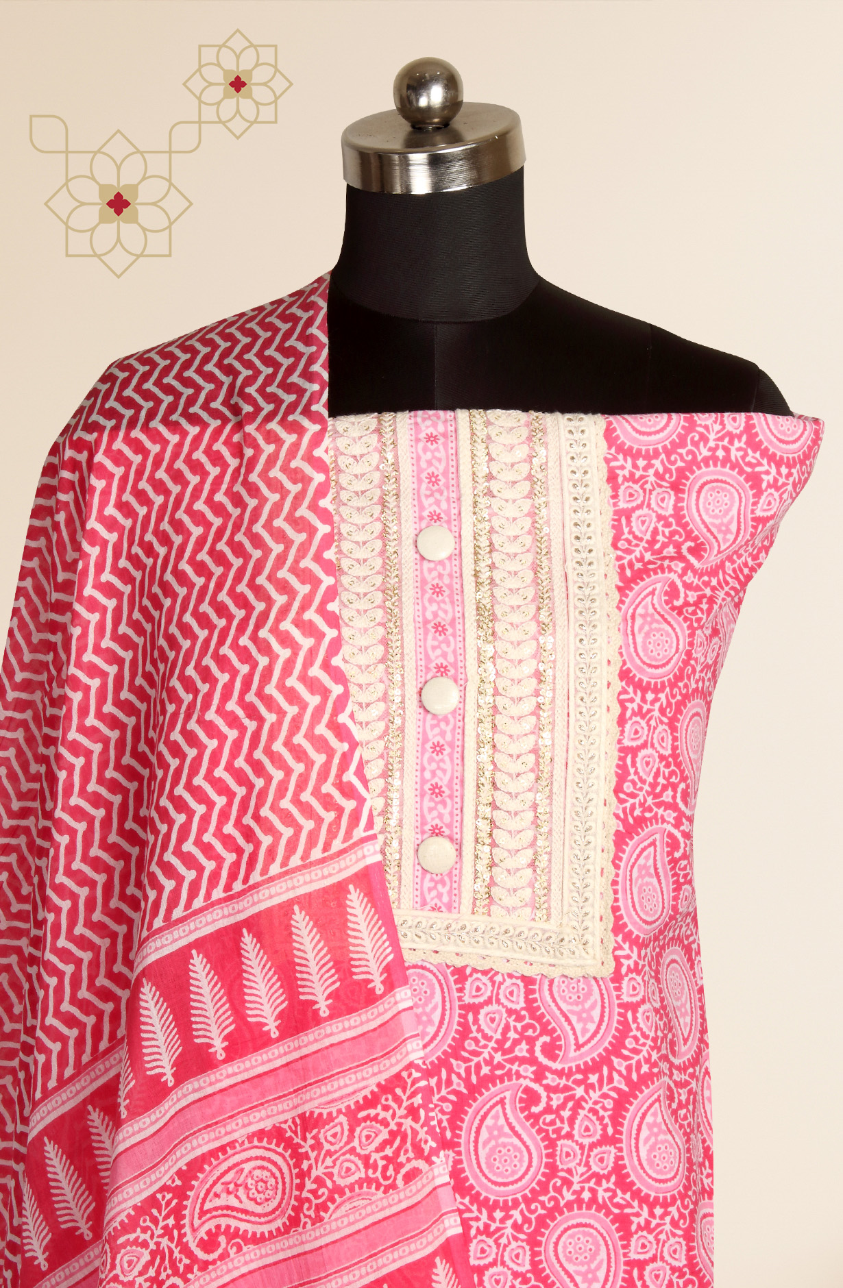 Pink Cotton Printed Salwar Suit with Dupatta - 983-FS0066