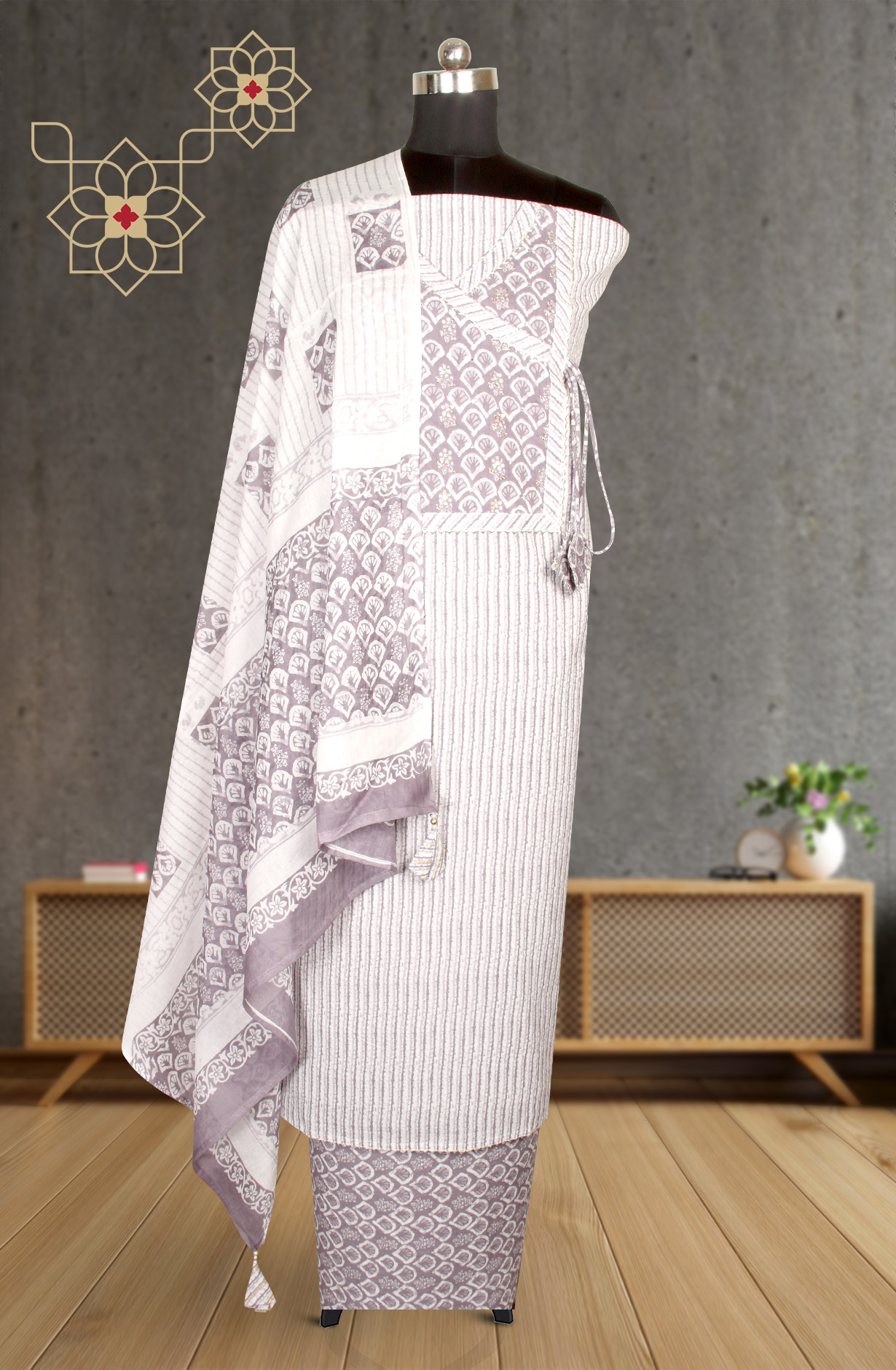 Mauve and Off-white Printed Unstitched Cotton Dress Material - 984-ABRMP-A