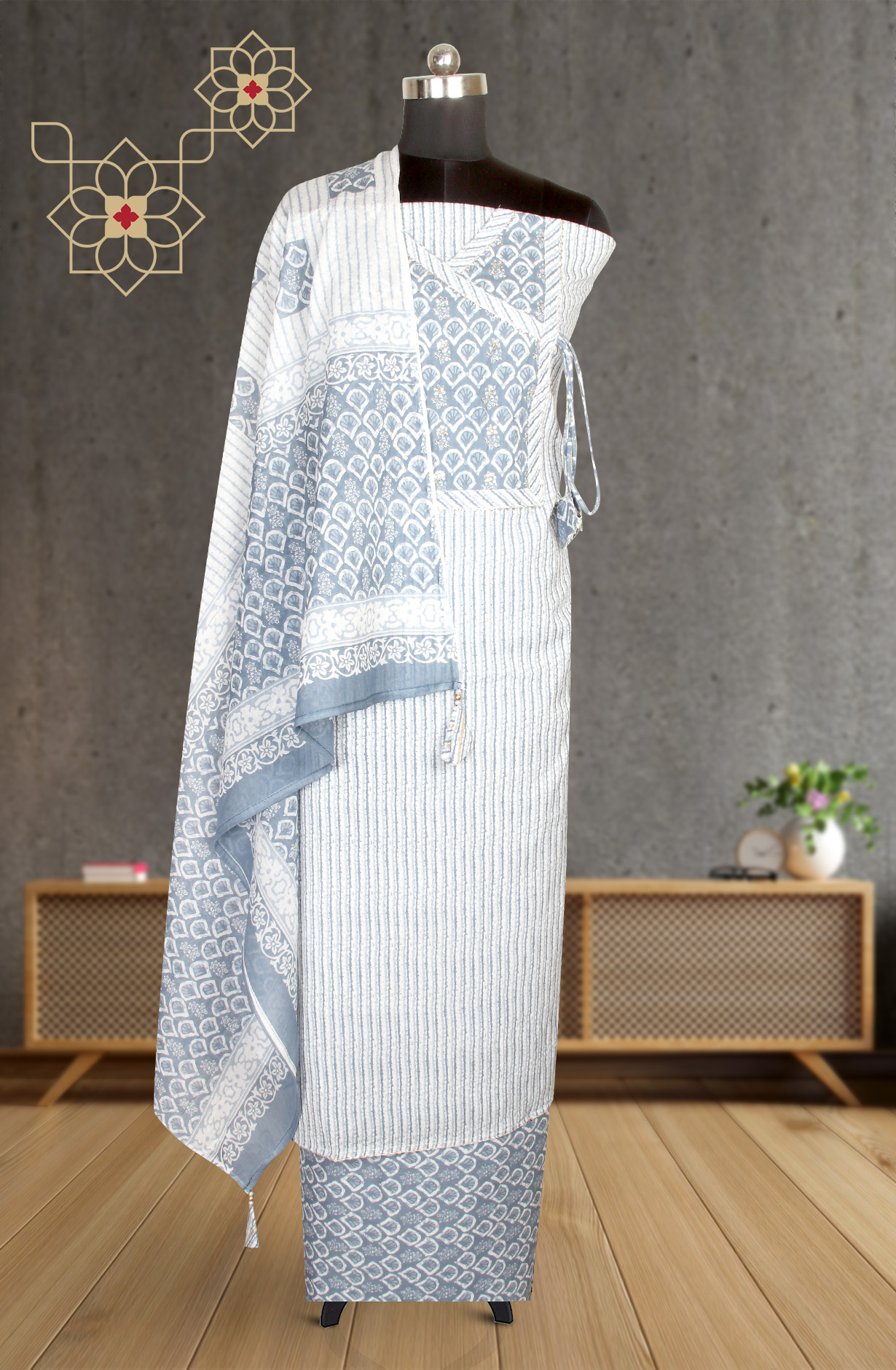 Grey and Off-white Printed Unstitched Cotton Dress Material - 984-ABRMP-B