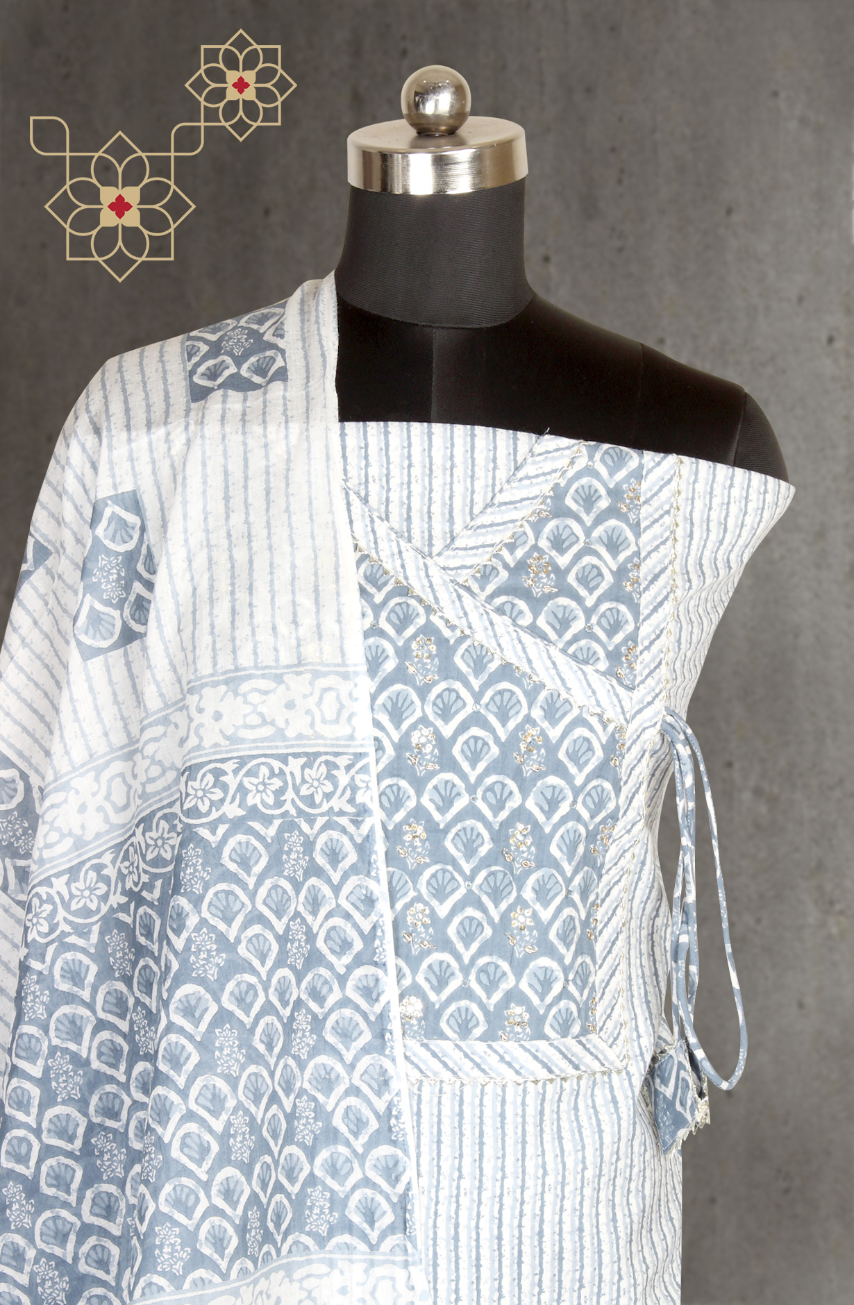 Grey and Off-white Printed Unstitched Cotton Dress Material - 984-ABRMP-B