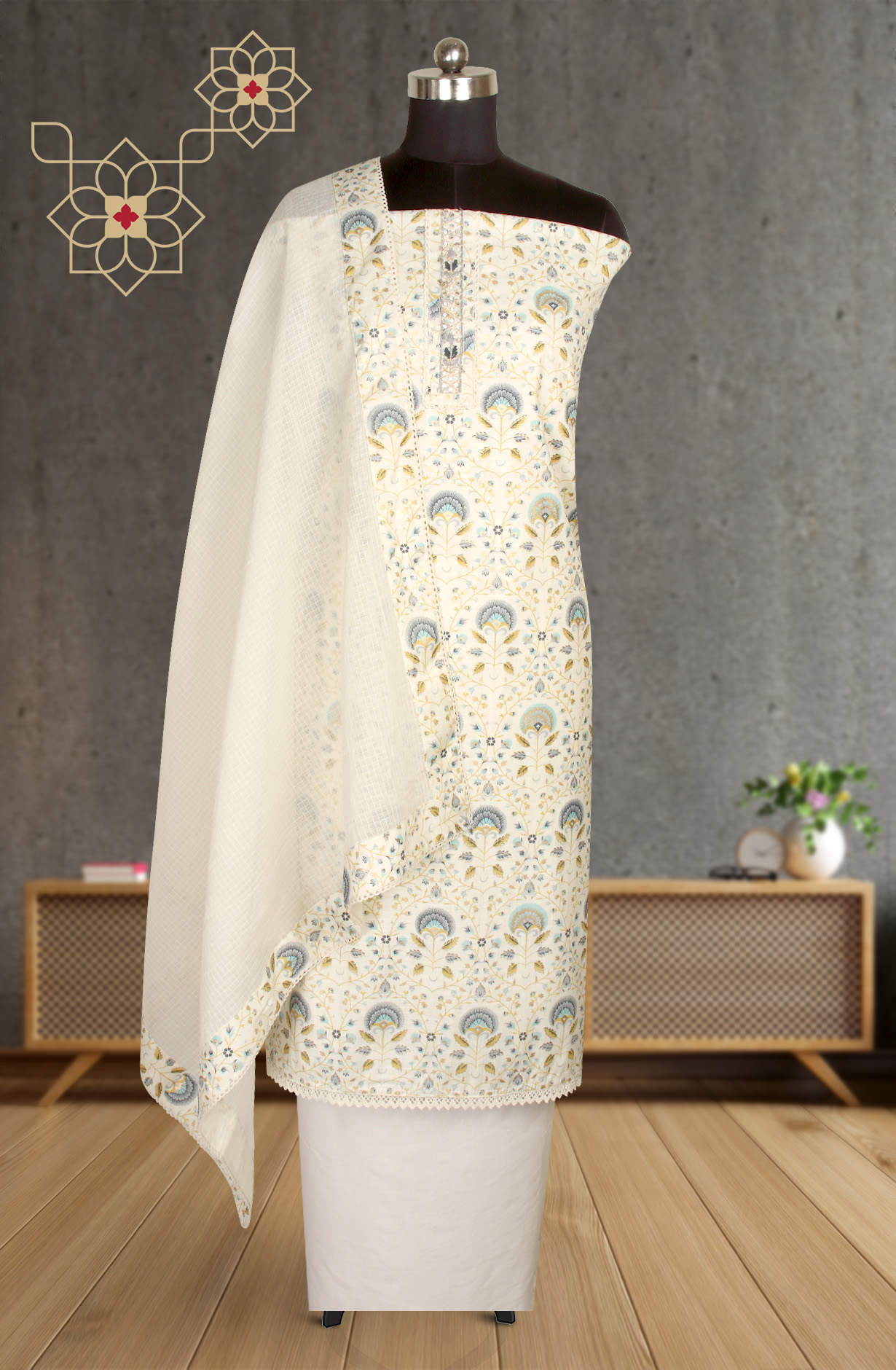 Cream Cotton Printed Salwar Suit-sets - 984-AFSS