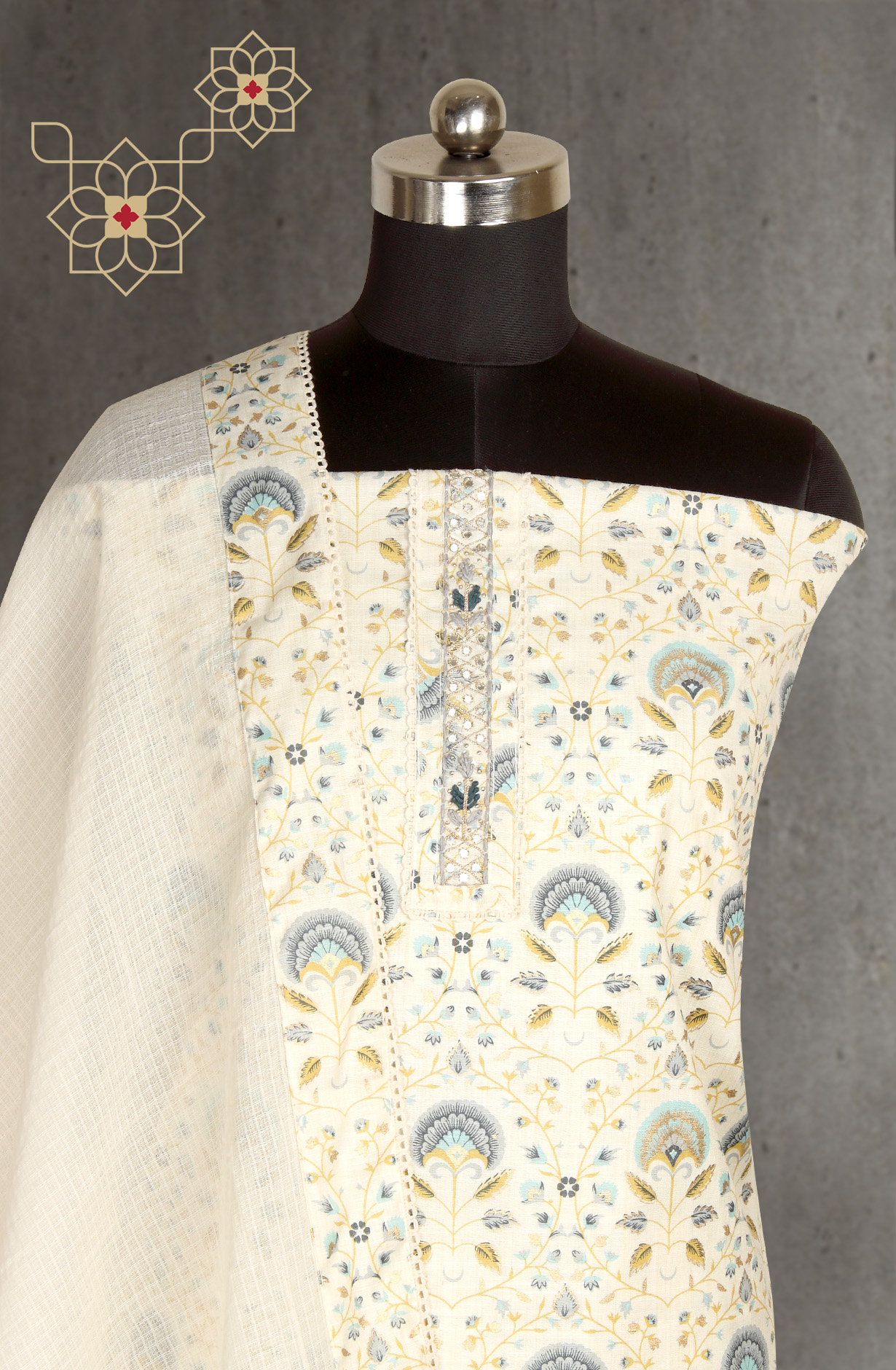 Cream Cotton Printed Salwar Suit-sets - 984-AFSS