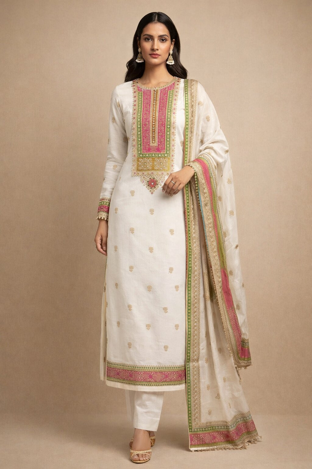 White Cotton Beautiful Suit Set with Dupatta - 984-FMDE1170