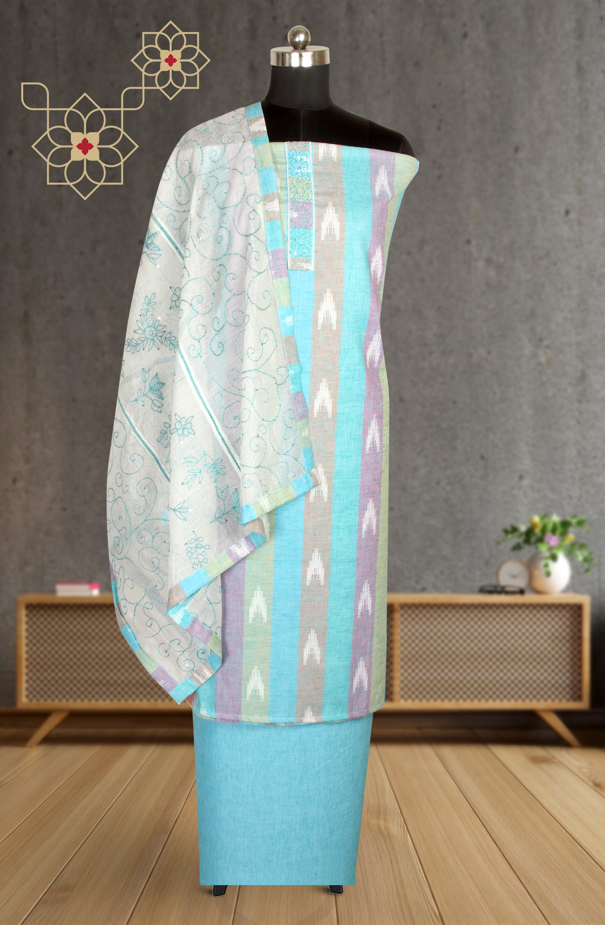 Multi-coloured Cotton Salwar Kameez with Beautiful Kantha Work Dupatta - 984-FMHA101A