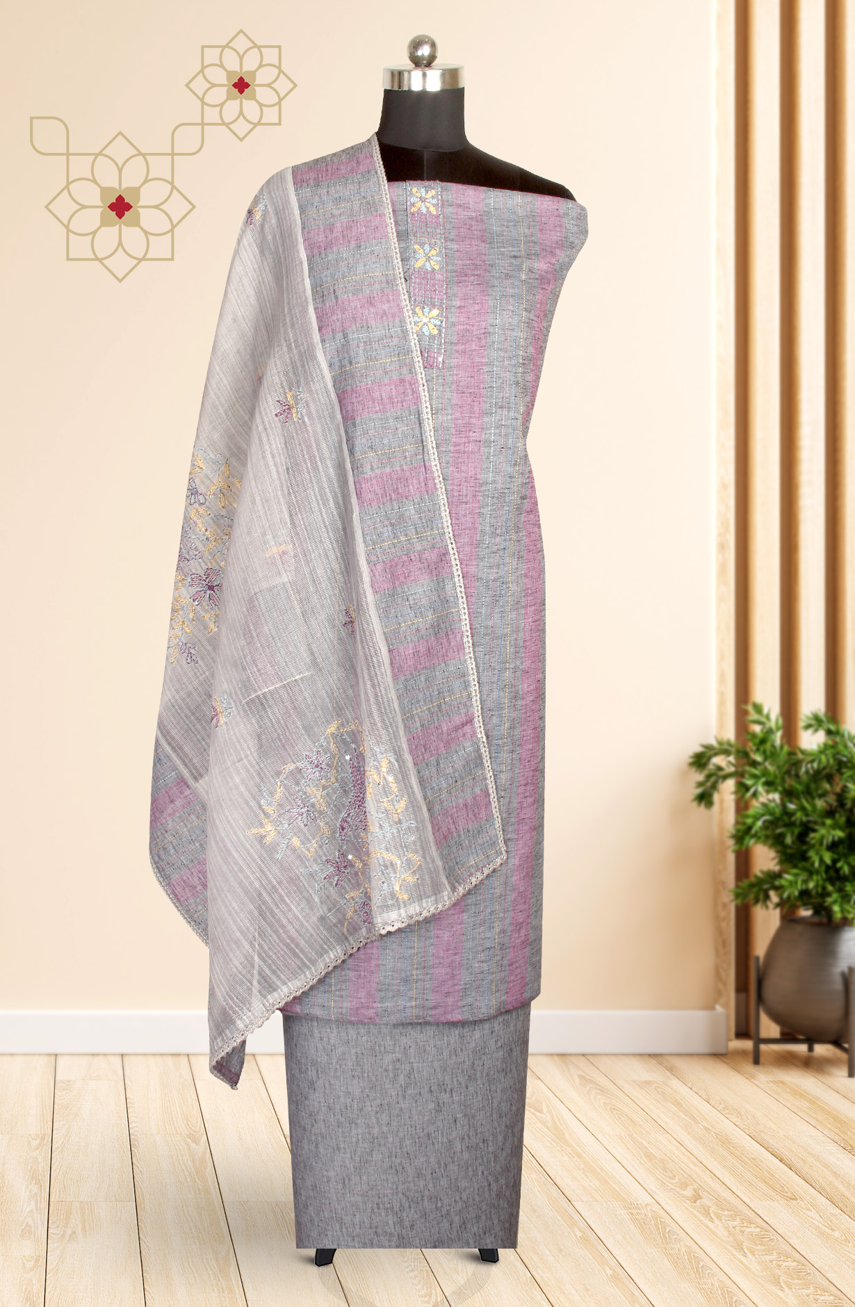 Grey Cotton Salwar Kameez with Beautiful Kantha Work Dupatta - 984-FMHA106