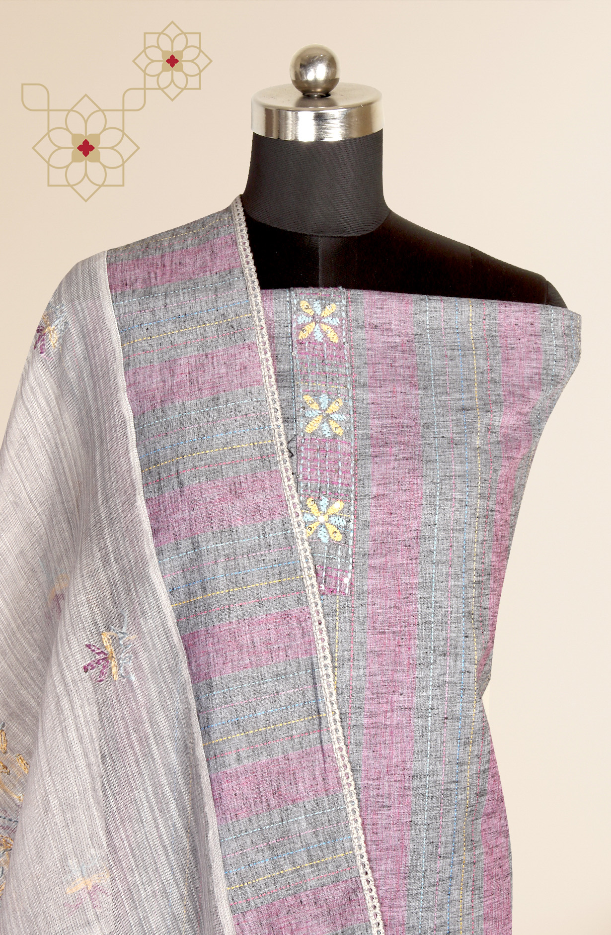 Grey Cotton Salwar Kameez with Beautiful Kantha Work Dupatta - 984-FMHA106
