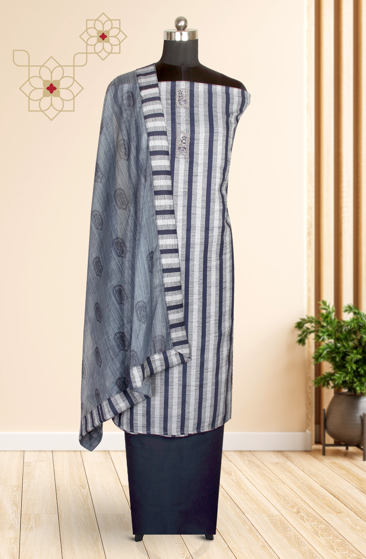 Grey and Blue Cotton Salwar Kameez with Organza Dupatta - 984-FMHA126