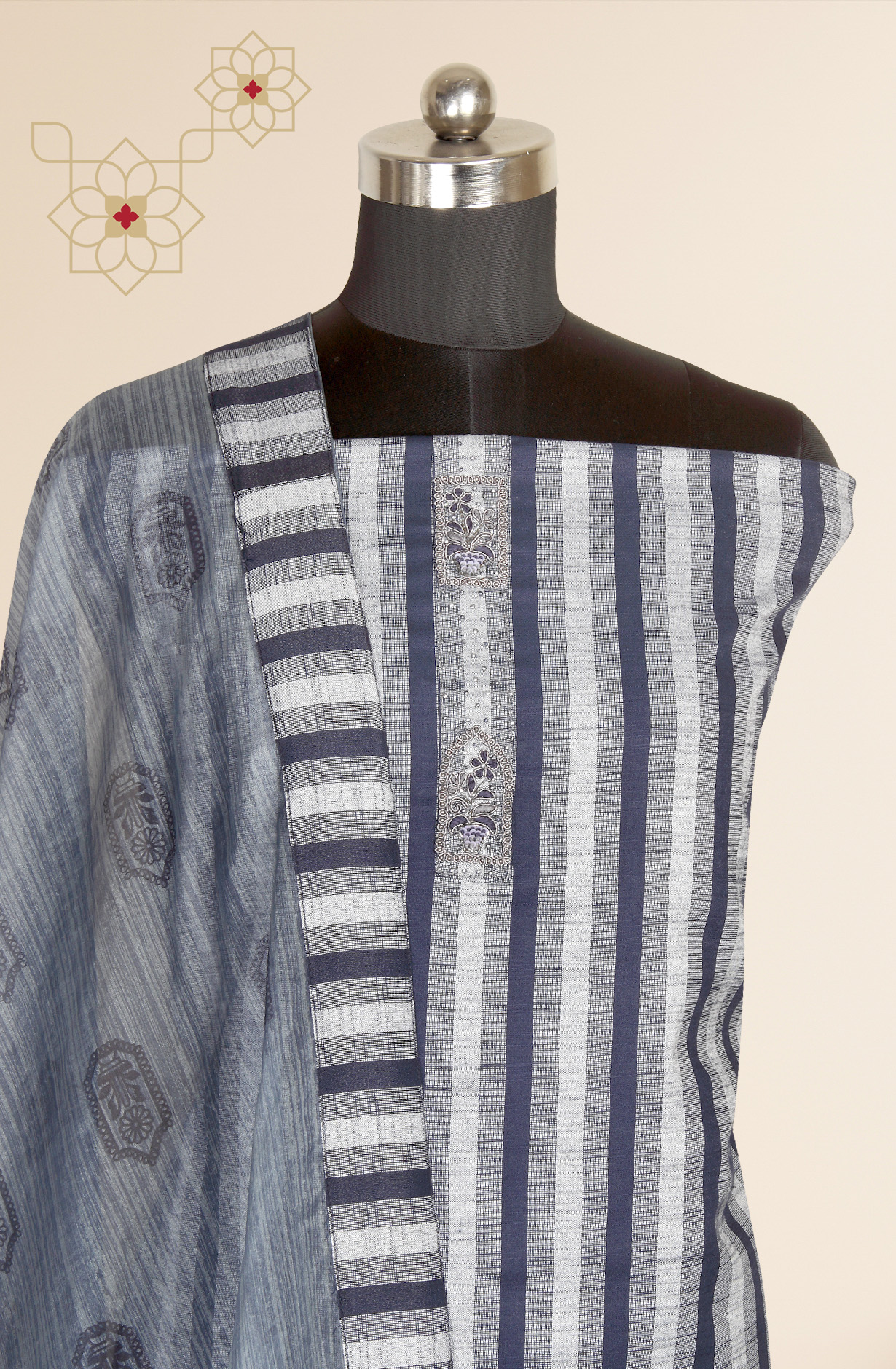 Grey and Blue Cotton Salwar Kameez with Organza Dupatta - 984-FMHA126