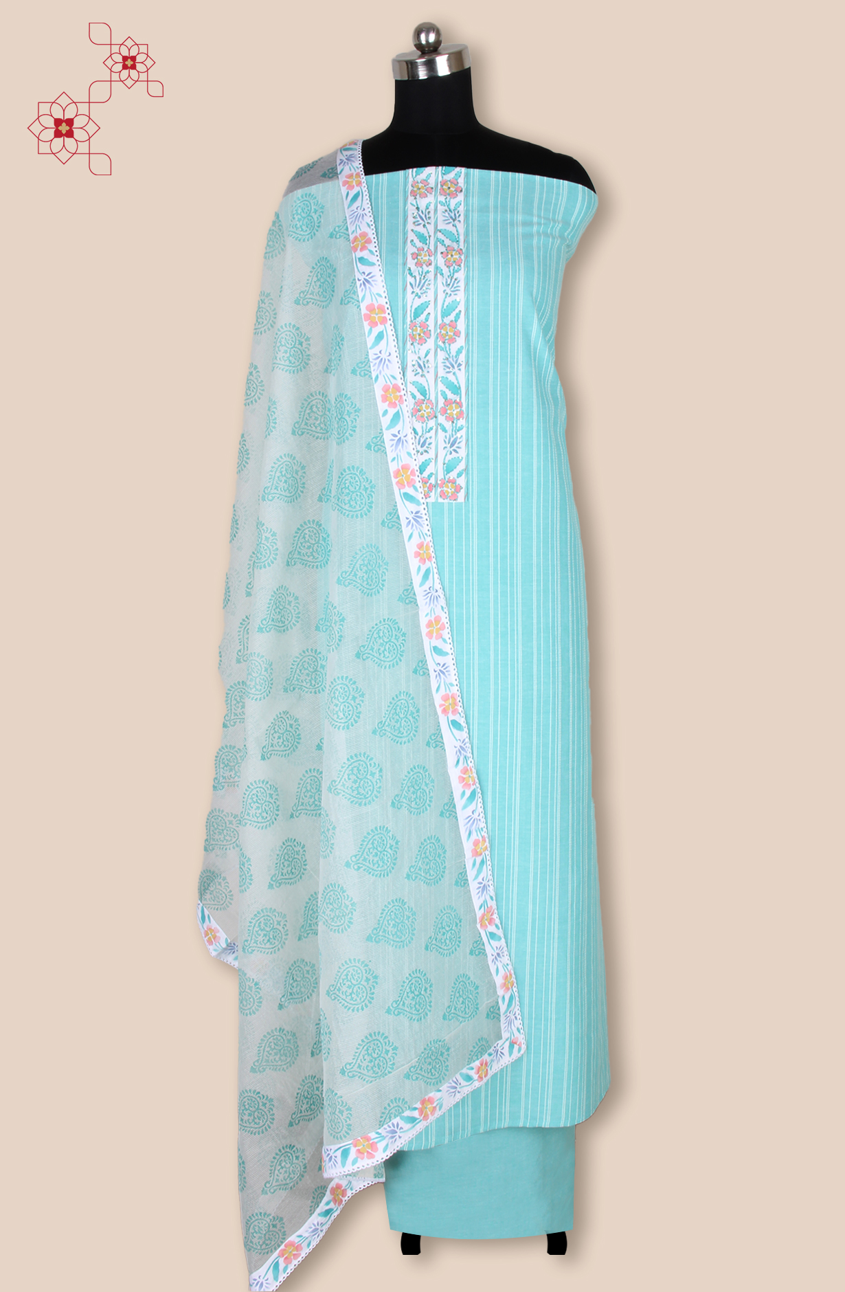 Turquoise Cotton Jacquard Unstitched Suit with Trendy Dupatta - 984-FMHA245A