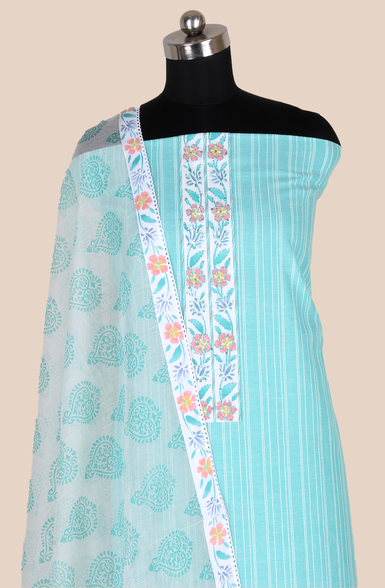 Turquoise Cotton Jacquard Unstitched Suit with Trendy Dupatta - 984-FMHA245A