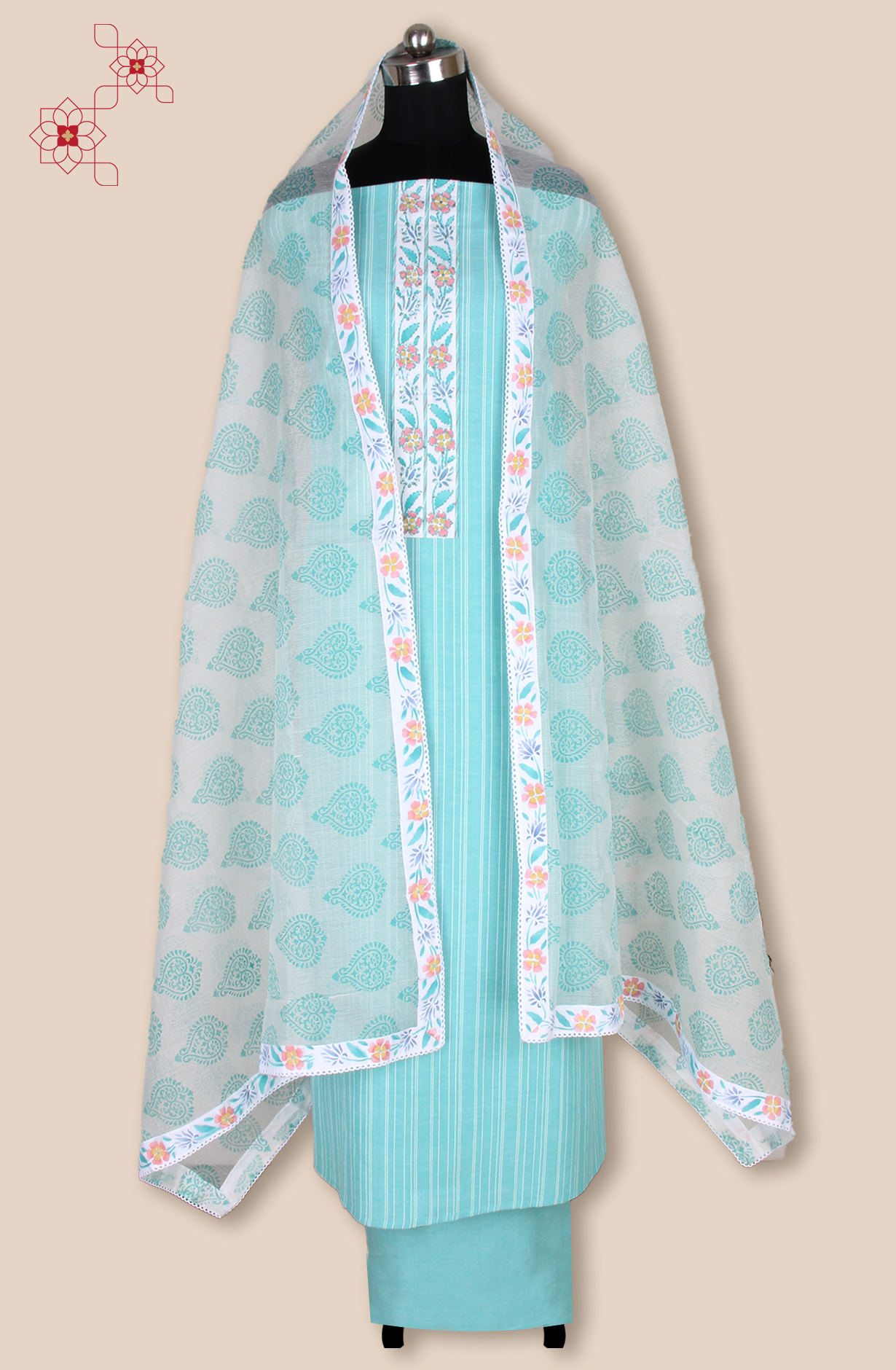 Turquoise Cotton Jacquard Unstitched Suit with Trendy Dupatta - 984-FMHA245A