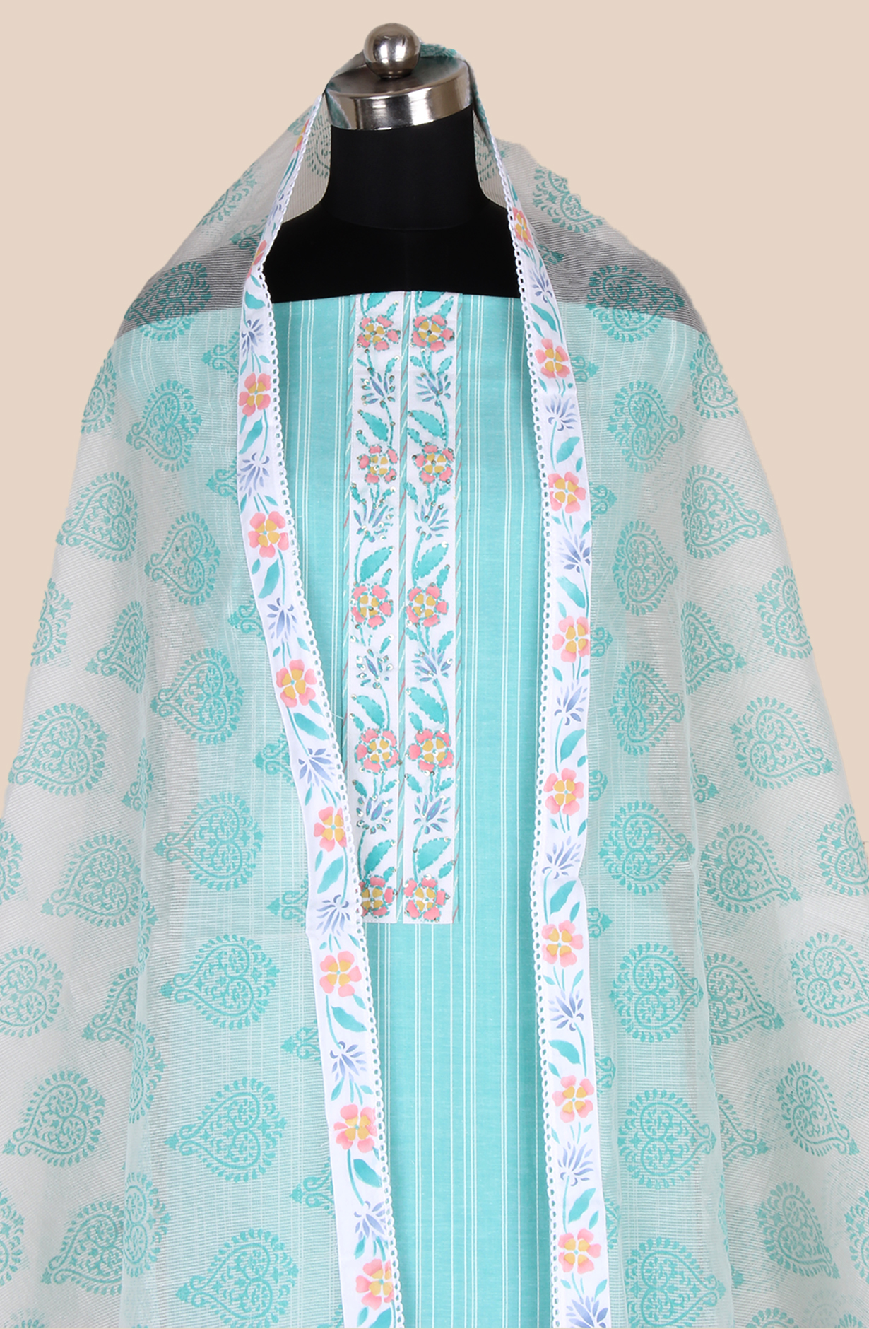 Turquoise Cotton Jacquard Unstitched Suit with Trendy Dupatta - 984-FMHA245A