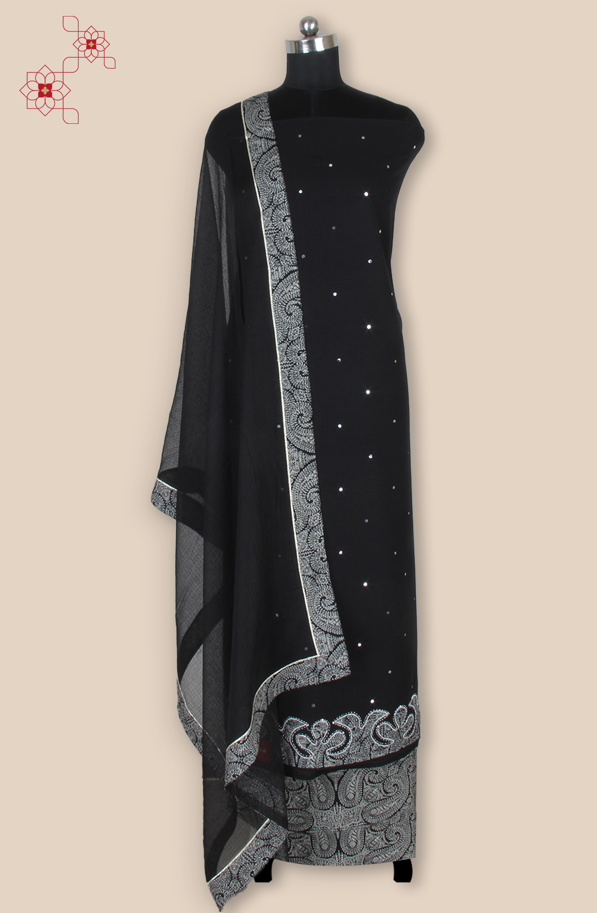 Black Cotton Unstitched Suit with Kota Dupatta - 984-FMLS8016