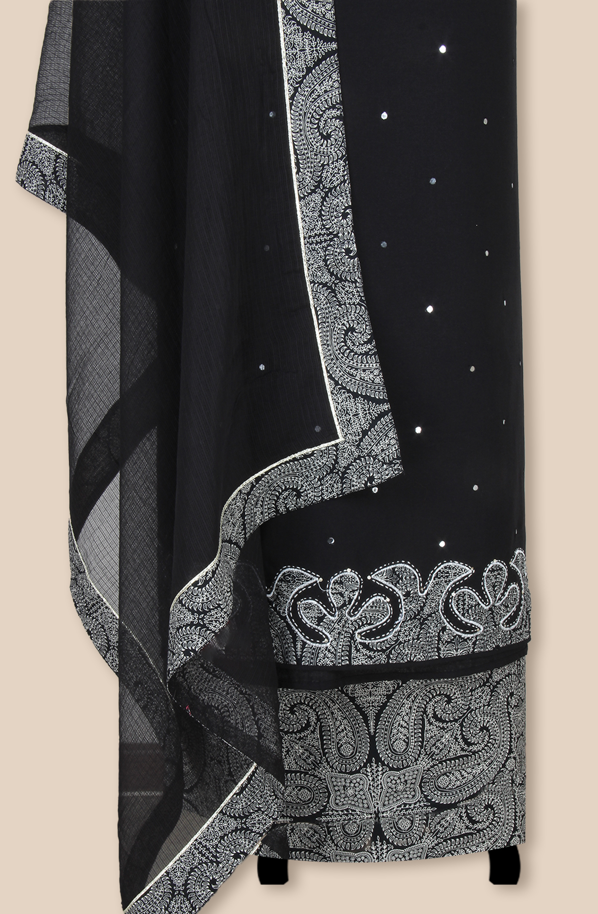 Black Cotton Unstitched Suit with Kota Dupatta - 984-FMLS8016