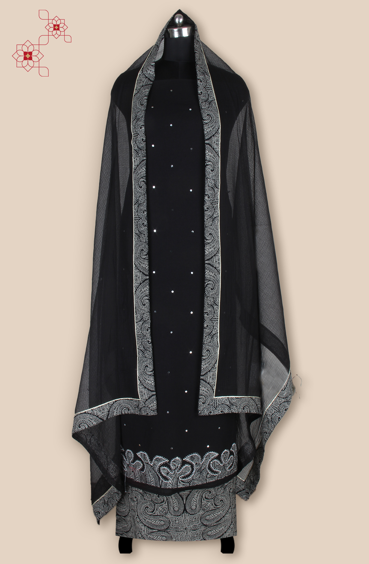 Black Cotton Unstitched Suit with Kota Dupatta - 984-FMLS8016