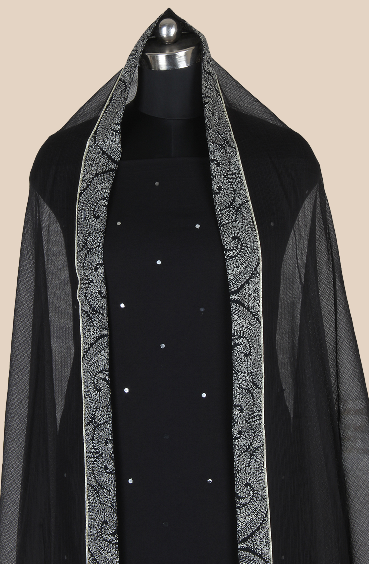 Black Cotton Unstitched Suit with Kota Dupatta - 984-FMLS8016