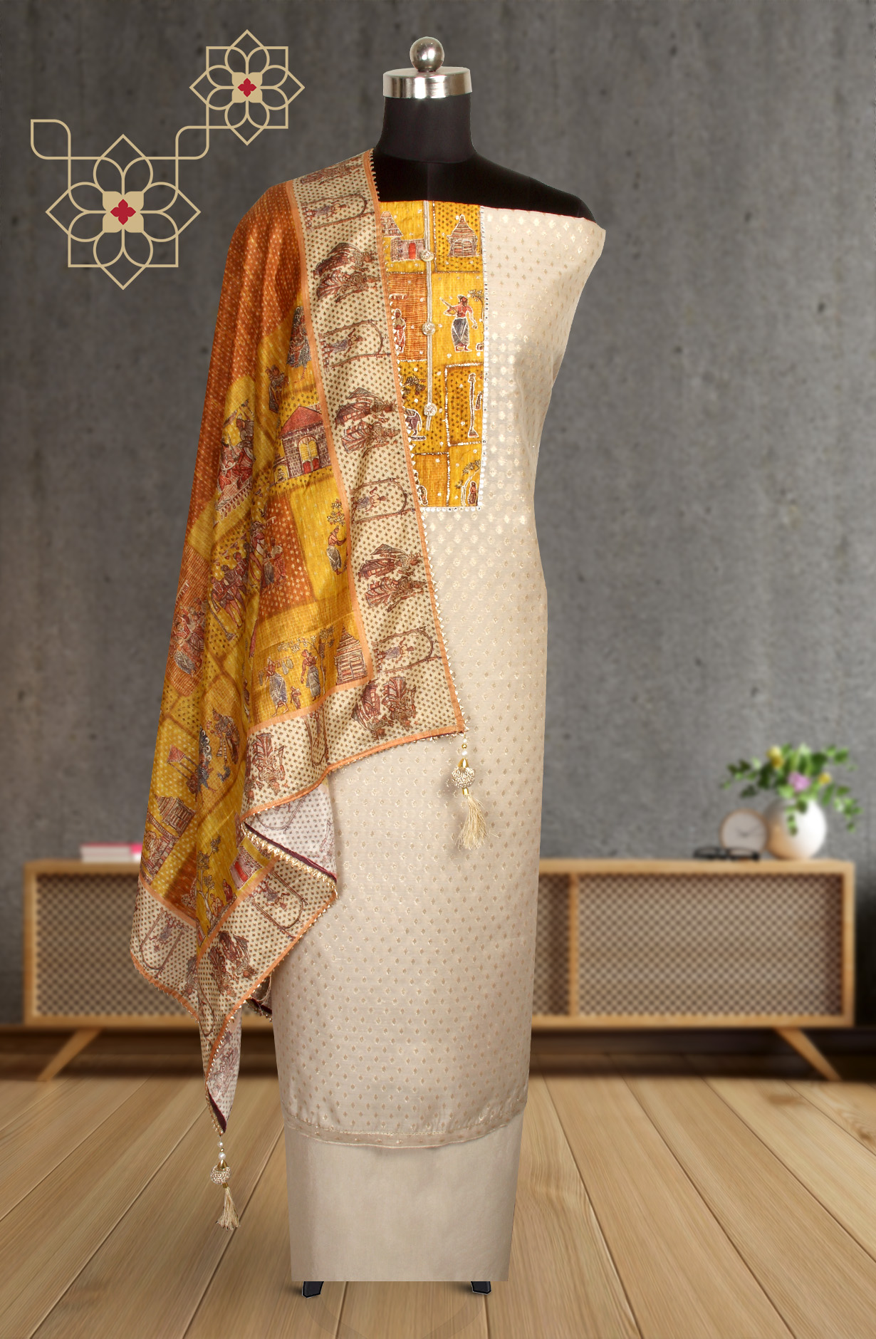 Beige Chanderi Suit-set with Beautiful Dupatta - 984-FMNK-KBBM