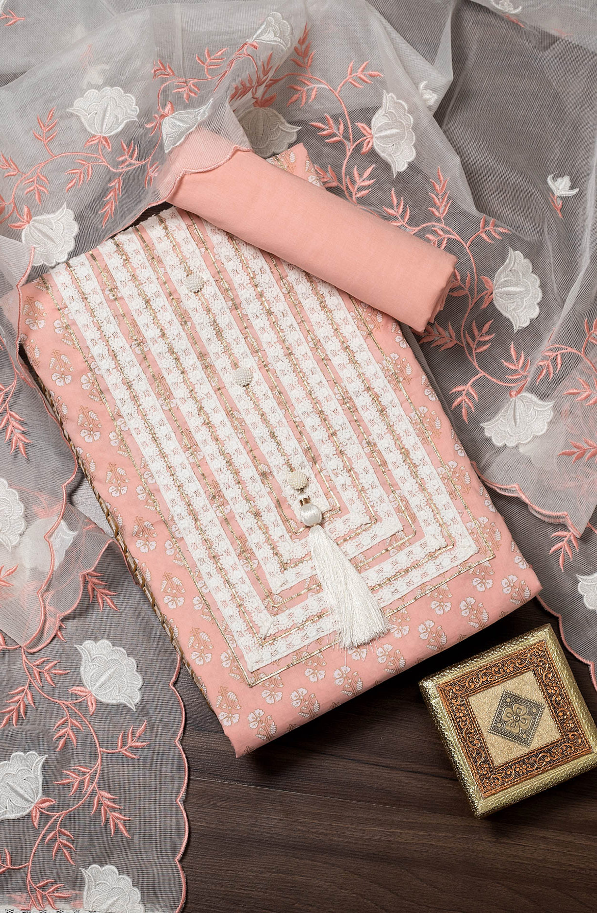 Peach Cotton Beautiful Lacework Salwar Suit with Kota Dupatta - 984-FMNK-MEC