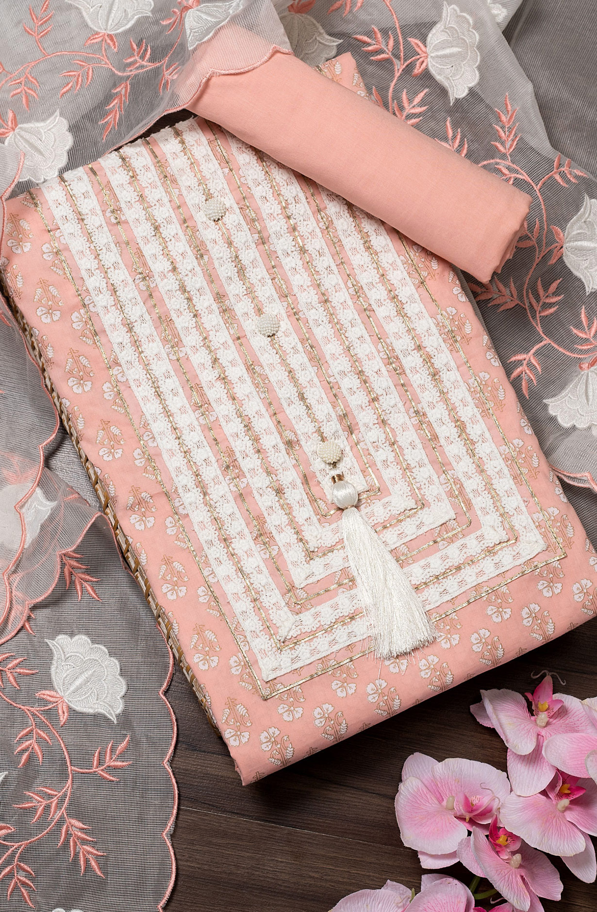 Peach Cotton Beautiful Lacework Salwar Suit with Kota Dupatta - 984-FMNK-MEC