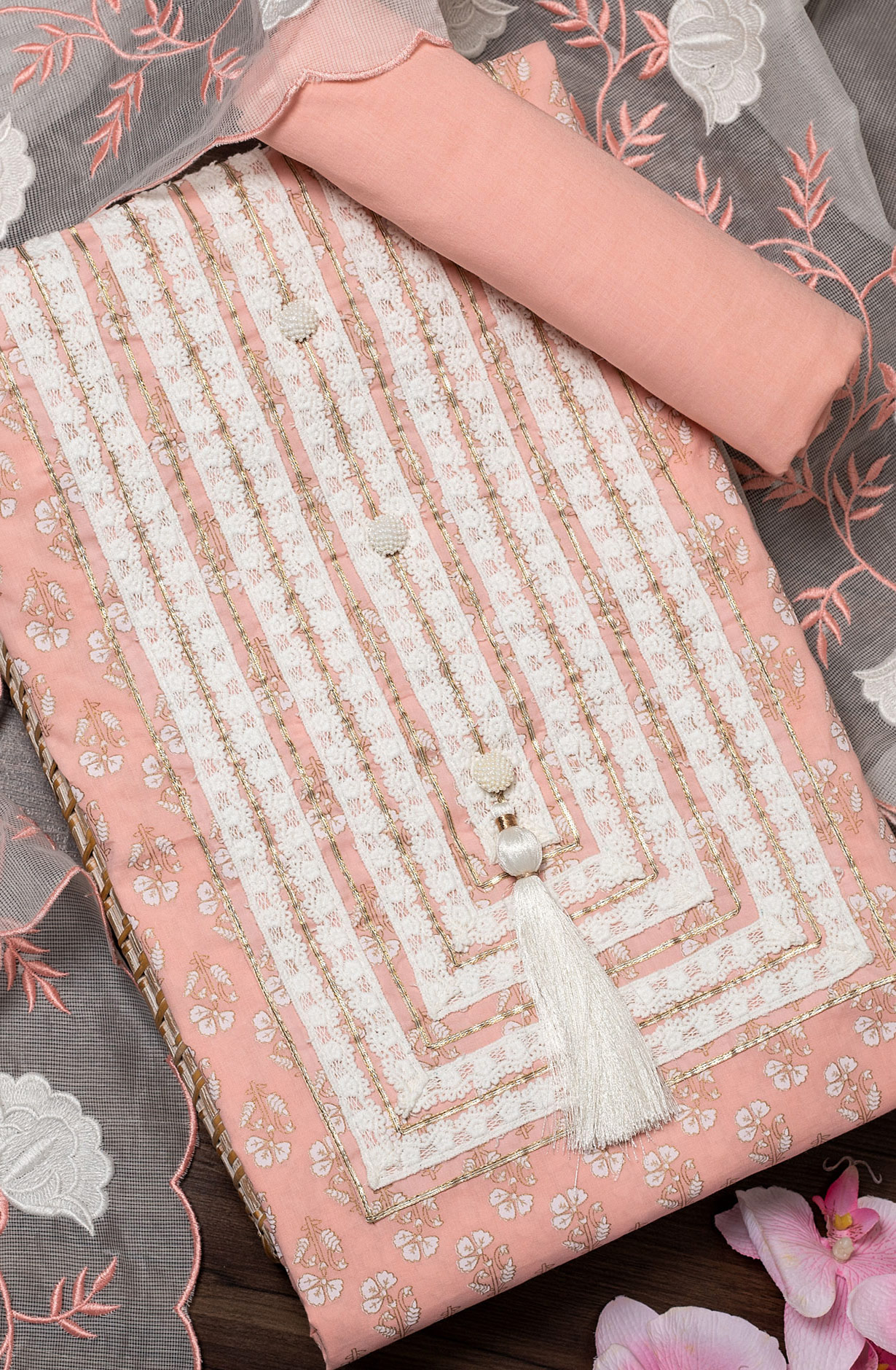 Peach Cotton Beautiful Lacework Salwar Suit with Kota Dupatta - 984-FMNK-MEC