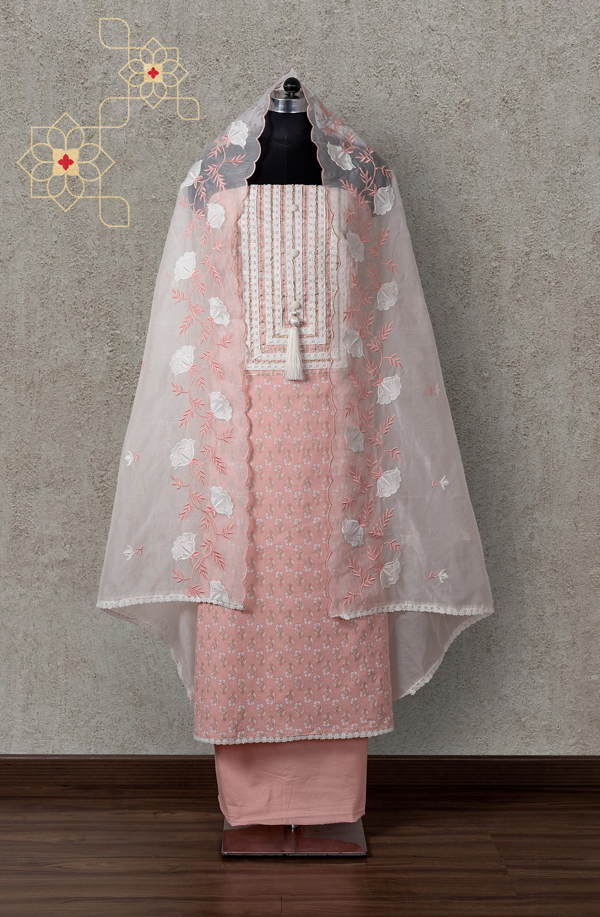Peach Cotton Beautiful Lacework Salwar Suit with Kota Dupatta - 984-FMNK-MEC