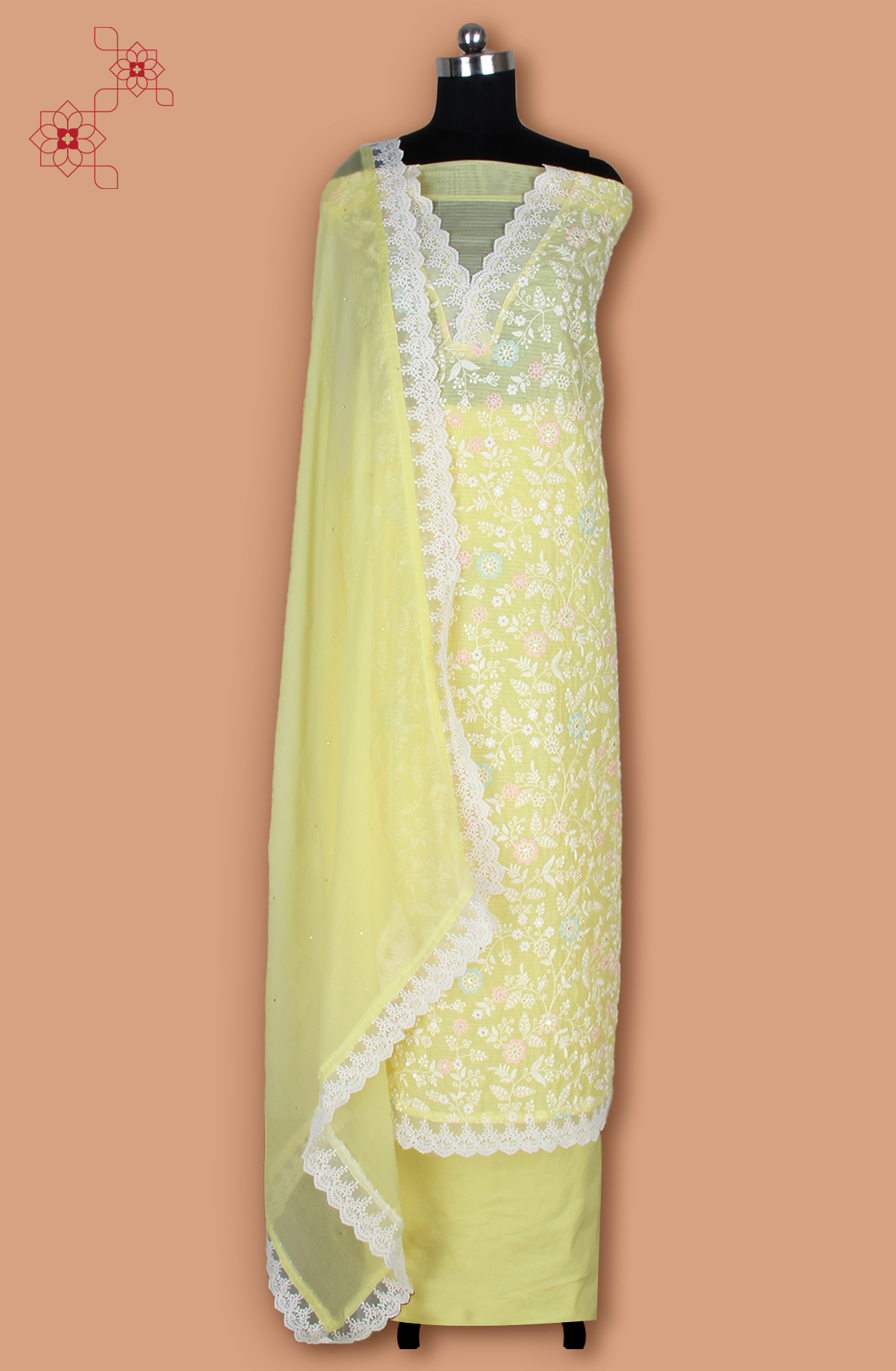 Yellow Kota Beautiful Unstitched Embroidered Suit with Chiffon Dupatta - 984-FMNK-SBEF
