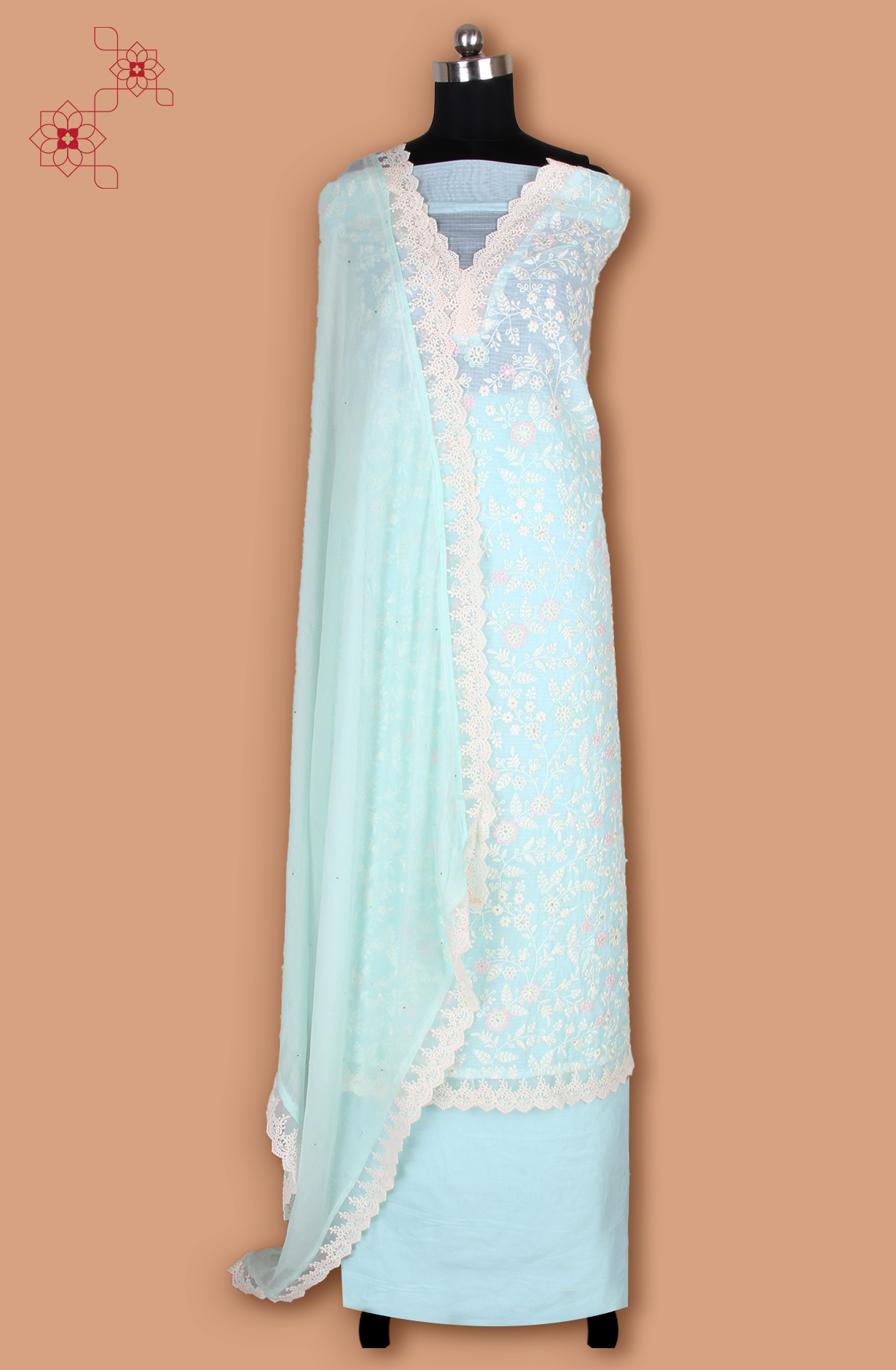 Sea Green Kota Beautiful Unstitched Embroidered Suit with Chiffon Dupatta - 984-FMNK-SBEF-A