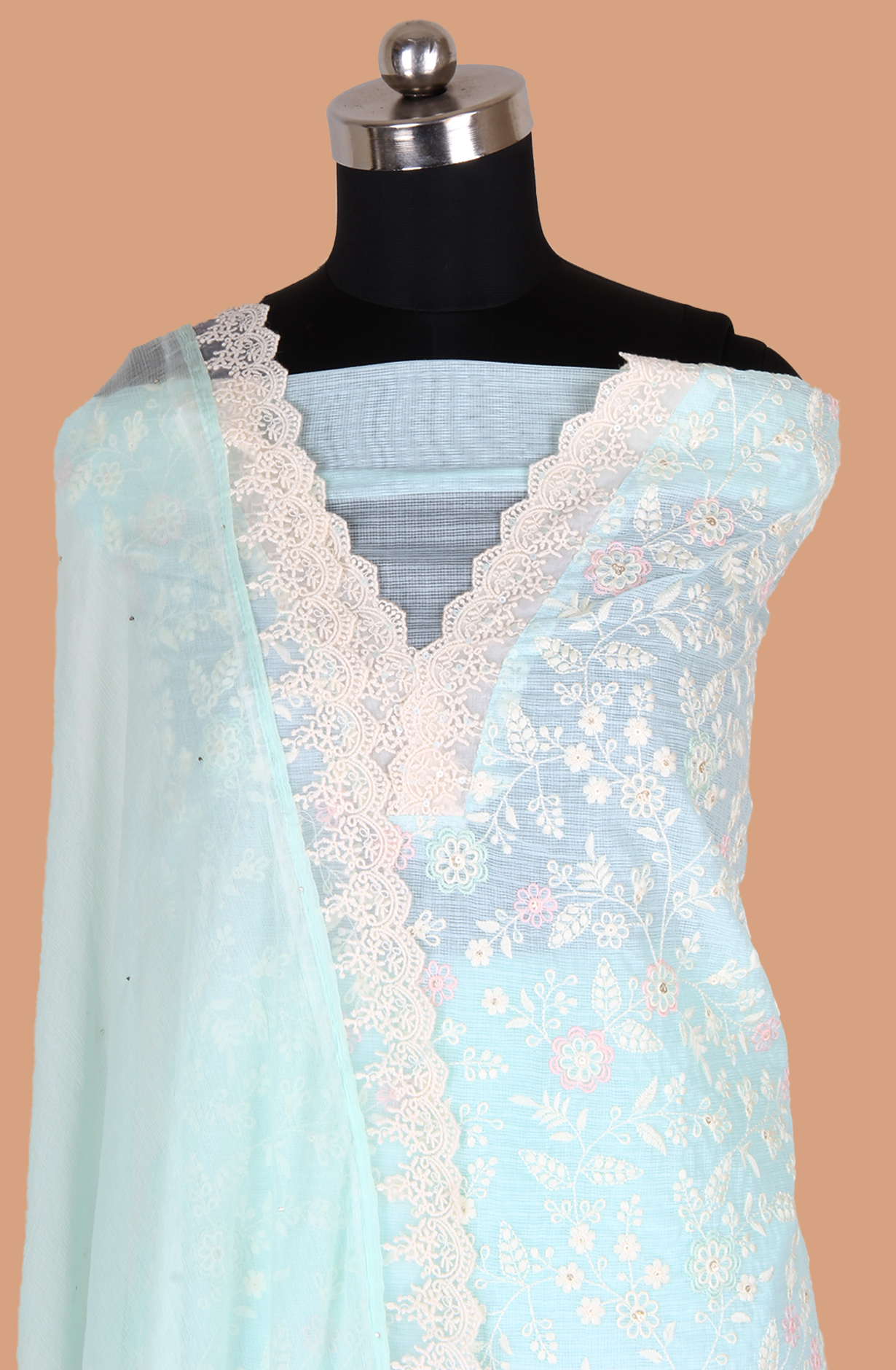 Sea Green Kota Beautiful Unstitched Embroidered Suit with Chiffon Dupatta - 984-FMNK-SBEF-A
