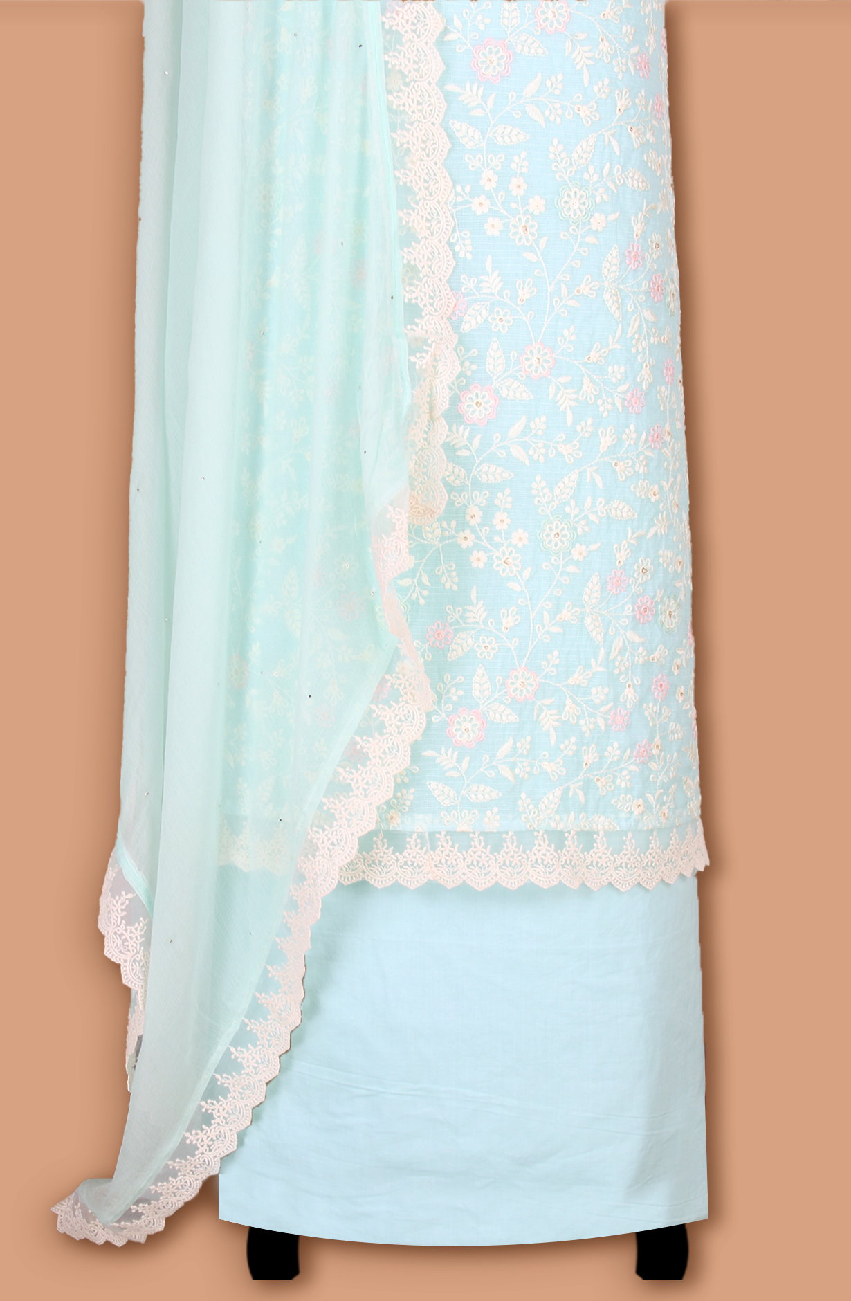 Sea Green Kota Beautiful Unstitched Embroidered Suit with Chiffon Dupatta - 984-FMNK-SBEF-A
