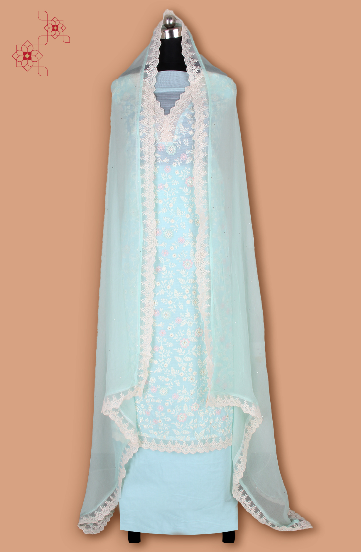 Sea Green Kota Beautiful Unstitched Embroidered Suit with Chiffon Dupatta - 984-FMNK-SBEF-A