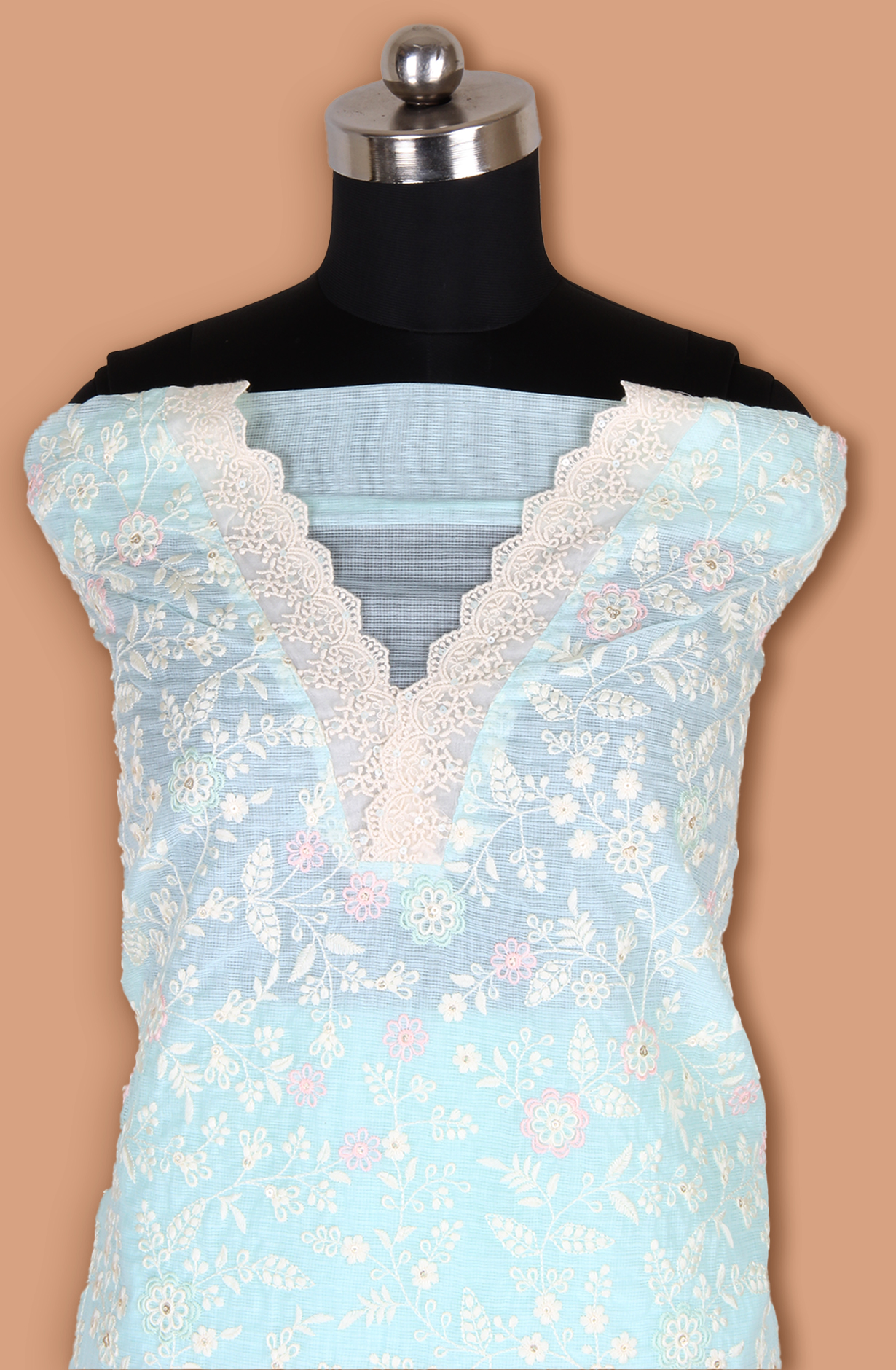 Sea Green Kota Beautiful Unstitched Embroidered Suit with Chiffon Dupatta - 984-FMNK-SBEF-A