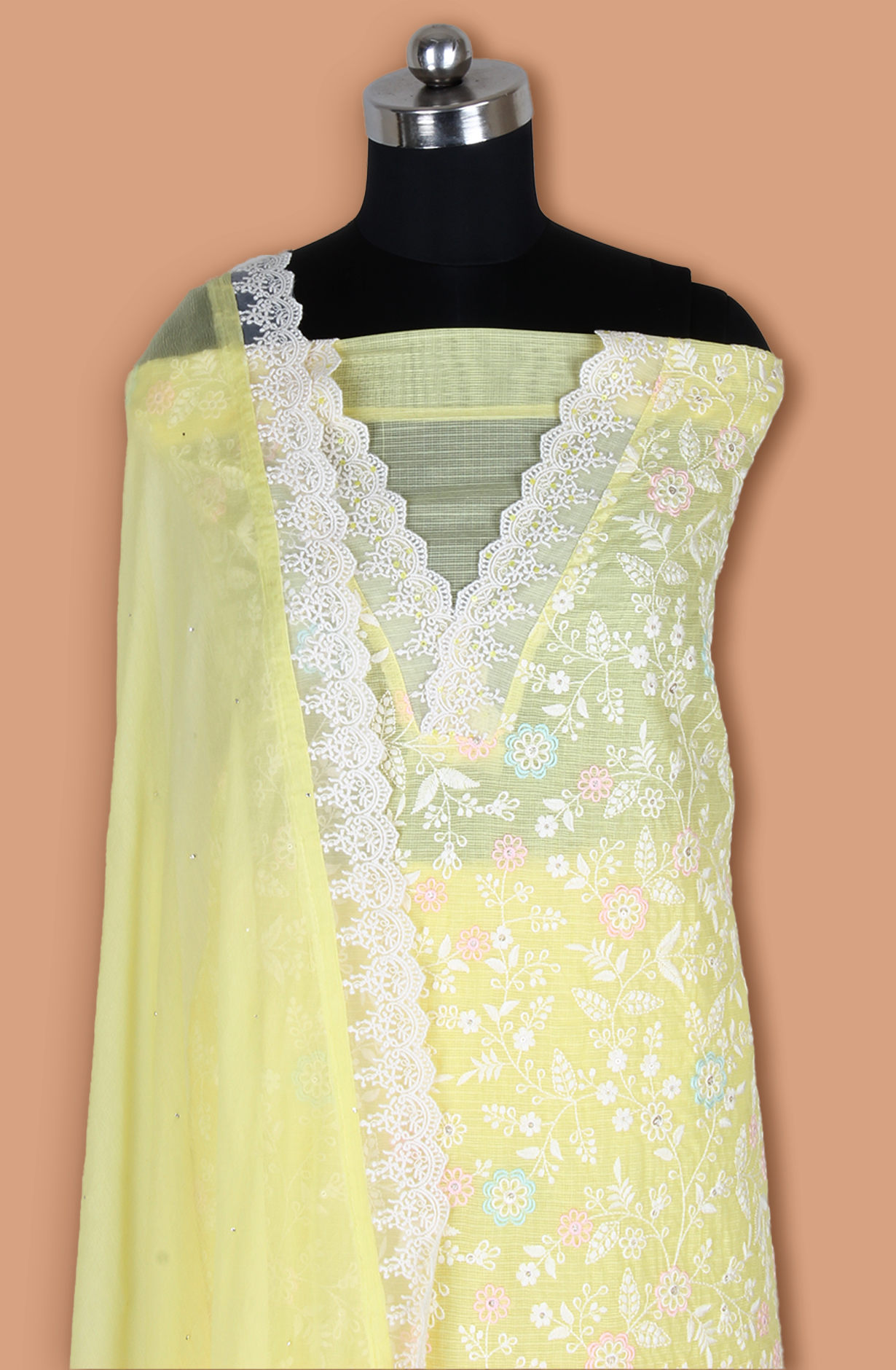 Yellow Kota Beautiful Unstitched Embroidered Suit with Chiffon Dupatta - 984-FMNK-SBEF