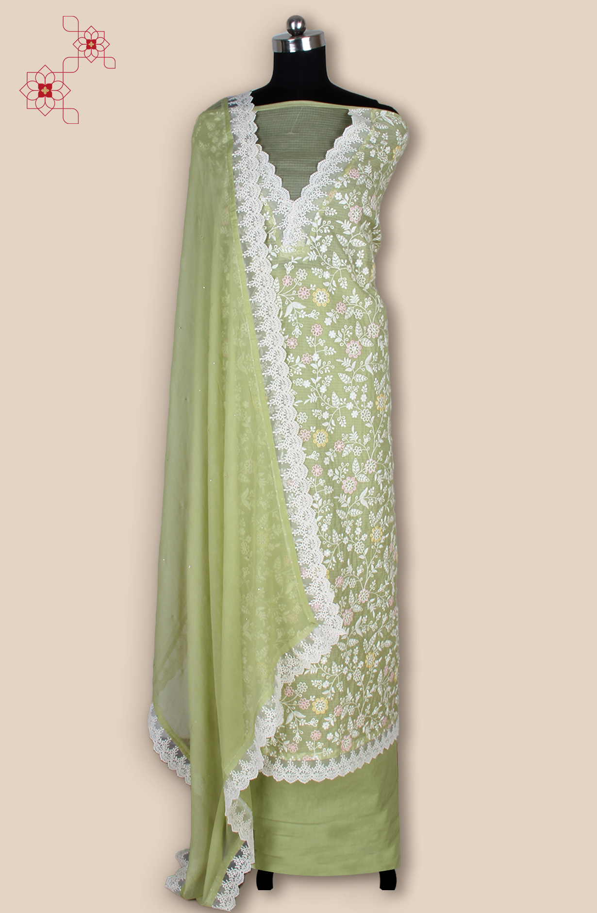 Green Kota Beautiful Unstitched Embroidered Suit with Chiffon Dupatta - 984-FMNK-SBEF-B