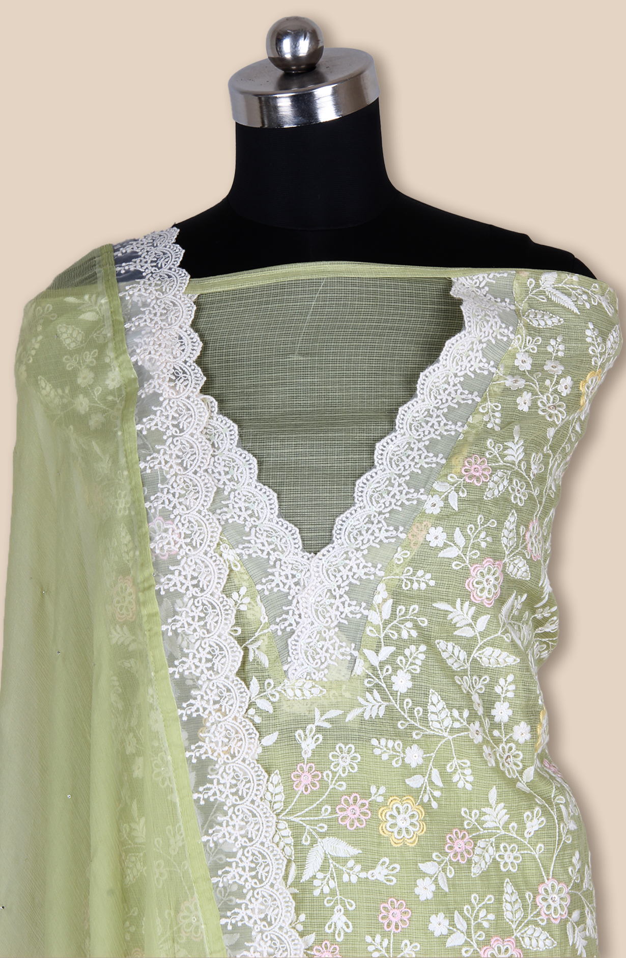 Green Kota Beautiful Unstitched Embroidered Suit with Chiffon Dupatta - 984-FMNK-SBEF-B
